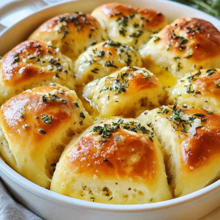 To make Garlic Herb Pull-Apart Rolls, gather the following items. Each one adds to the tasty flavor and texture of the rolls. - Flour and Yeast Components - 4 cups all-purpose flour - 2 teaspoons instant yeast - 1 teaspoon salt - 1 tablespoon sugar - Butter and Oil Ingredients - 1 cup warm milk (110°F) - 1/4 cup unsalted butter, melted - 2 tablespoons olive oil - Extra melted butter for brushing - Garlic and Herb Seasonings - 4 cloves garlic, minced - 1 tablespoon fresh rosemary, chopped - 1 tablespoon fresh thyme, chopped - 1 tablespoon fresh parsley, chopped - 1/2 cup grated Parmesan cheese (optional) These ingredients work together to create soft, fluffy rolls bursting with flavor. The garlic and herbs give them a fresh taste, while the melted butter adds richness. You can also tweak the herbs to match your taste. Enjoy exploring the flavors! {{ingredient_image_1}} Activating the Yeast First, I mix warm milk, sugar, and instant yeast in a large bowl. I let it sit for about five minutes. It should become frothy. This step wakes up the yeast and helps the rolls rise. Mixing Wet and Dry Ingredients Next, I add melted butter, olive oil, and salt to the yeast mixture. I stir well to combine all the wet ingredients. Gradually, I add flour until a rough dough forms. Kneading the Dough Then, I knead the dough for about eight to ten minutes. I can use a dough hook or my hands. The goal is smooth and elastic dough. I place it in a greased bowl and cover it with a cloth. I let it rise in a warm place for one hour or until it doubles in size. Rolling Out Dough Once the dough has risen, I punch it down. I turn it out onto a floured surface. I roll it into a rectangle, about half an inch thick. Adding Garlic and Herb Mixture In a small bowl, I mix minced garlic, chopped herbs, and grated Parmesan cheese. I spread this mixture evenly over the rolled-out dough. It adds great flavor! Cutting and Stacking the Dough Next, I cut the dough into strips, about two inches wide. I stack the strips on top of each other, then cut them into squares. This shape helps the rolls pull apart nicely. Arranging in Baking Dish I place the squares in a greased bundt pan or a round baking dish. I stack them as I go, making sure they fit snugly. Second Rise After arranging the rolls, I cover the pan with a cloth. I let it rise for another thirty minutes. This step makes the rolls light and fluffy. Preheating the Oven and Baking While the rolls rise, I preheat the oven to 375°F (190°C). I brush the tops of the rolls with melted butter before baking. I bake them for about twenty-five to thirty minutes until golden brown. After baking, I let them cool for a couple of minutes before serving. Optimal Kneading Techniques Kneading helps develop gluten, making the rolls soft. Use your hands or a stand mixer with a dough hook. Knead for about 8-10 minutes. The dough should feel smooth and elastic. If it feels sticky, add a little flour. Ensuring Proper Rising Rising is key to fluffy rolls. Place the dough in a warm spot, away from drafts. Cover it with a clean cloth. Let it rise until it doubles in size, about an hour. If your kitchen is cool, it may take longer. Additional Seasonings to Consider For extra flavor, add herbs like oregano or basil. You can also sprinkle in some red pepper flakes for a little heat. Adjust the garlic amount to your taste. More garlic means bolder flavor! Cheese Options for Extra Flavor Parmesan is great, but you can try mozzarella or cheddar too. Mix cheese into the garlic herb blend. You can even add cheese between the layers for a cheesy surprise! Serving Suggestions Serve these rolls warm in the baking dish. They are perfect for sharing. You can also place them on a wooden board for a rustic look. Pair with a small bowl of olive oil or garlic butter for dipping. Garnishing Ideas Garnish with fresh herbs on top for a pop of color. Chopped parsley or thyme works well. You can also brush with more melted butter right before serving for a shiny finish. Pro Tips Use Fresh Herbs: Fresh herbs elevate the flavor of the rolls significantly. Ensure they are finely chopped for even distribution. Check Dough Consistency: The dough should be smooth and elastic. If it's too sticky, add a bit more flour, but be careful not to overdo it. Let It Rise Properly: A warm, draft-free environment is ideal for rising. If it's cold, consider placing the dough in a slightly warm oven. Brush with Garlic Butter: For an extra flavor boost, mix minced garlic into the melted butter before brushing it on the rolls before baking. {{image_2}} Gluten-Free Flour Options You can easily make these rolls gluten-free. Use a blend of gluten-free flour, like almond or rice flour. Make sure it includes xanthan gum for better texture. This way, you still get that fluffy and soft feel. Dairy-Free Alternatives To make these rolls dairy-free, swap the milk with almond milk or oat milk. Use vegan butter instead of regular butter. These changes keep the taste rich without dairy. Different Herb Combinations Feel free to play with the herbs. Instead of rosemary, try basil or oregano. Mix in some dill for a fresh twist. Each herb adds its unique flavor, making the rolls exciting every time. Adding Spices for Extra Kick Want to spice things up? Add red pepper flakes or black pepper to the garlic mix. A pinch of smoked paprika gives a warm, smoky flavor. These small additions make a big impact. Mini Pull-Apart Rolls Make bite-sized mini rolls for fun snacks. Just cut the dough into smaller pieces before stacking. They are perfect for parties or game days. Stuffed Variations (cheese, meats, etc.) Get creative by stuffing the rolls. Add mozzarella, cheddar, or even pepperoni inside each piece. This gives a surprise burst of flavor with every bite. It's a great way to make these rolls even more special. How do you store leftover rolls? To keep your Garlic Herb Pull-Apart Rolls fresh, wrap them in plastic wrap. This helps keep them soft and moist. Place them in an airtight container or a resealable bag. Store them at room temperature for up to three days. What are the best containers for freshness? Use glass or plastic containers with tight lids. They help block air and keep the rolls soft. You can also use cloth bags, but they may dry out the rolls faster. How do you freeze these rolls? To freeze, let the rolls cool completely. Wrap them tightly in plastic wrap, then in aluminum foil. This double layer prevents freezer burn. You can freeze them for up to three months. How do you reheat for best results? To reheat, take the rolls out of the freezer and let them thaw in the fridge overnight. Preheat your oven to 350°F. Unwrap the rolls and place them on a baking sheet. Bake for about 10-15 minutes until warm. Brush with melted butter for extra flavor. Enjoy fresh rolls anytime! Can I make the dough ahead of time? Yes, you can make the dough ahead. After mixing, let it rise. Then, cover it tightly and place it in the fridge. You can keep it there for up to 24 hours. When you are ready, let it come to room temp before shaping. What can I serve with these rolls? These rolls pair well with many dishes. You can serve them with soups or salads. They also go great with pasta or grilled meats. For a fun twist, try them with a garlic dip or herb butter. How can I prevent the rolls from becoming stale? To keep your rolls fresh, store them in an airtight container. You can also wrap them in plastic wrap to seal in moisture. If they start to get stale, try toasting them lightly to revive the flavor. Making garlic herb pull-apart rolls is fun and rewarding. You learned about essential ingredients like flour, yeast, butter, and seasonings. We went through step-by-step instructions, from mixing the dough to baking the rolls. I shared tips to perfect your dough and enhance flavors, plus various ways to store and serve the rolls. In the end, these rolls are a great addition to any meal. With a few tweaks, you can make them your own. Enjoy baking, and remember to share your tasty results!