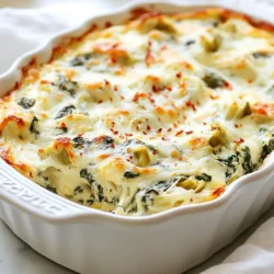 Here are the simple ingredients for Cheesy Spinach Artichoke Dip. This dip is creamy, cheesy, and full of flavor. - 1 cup frozen spinach, thawed and drained - 1 cup canned artichoke hearts, drained and chopped - 1 cup cream cheese, softened - 1/2 cup sour cream - 1/2 cup mayonnaise - 1 cup shredded mozzarella cheese - 1/2 cup grated parmesan cheese - 1 teaspoon garlic powder - 1/2 teaspoon onion powder - Salt and pepper to taste - Optional: red pepper flakes for a little heat Each ingredient plays a key role. The cream cheese gives it a rich base. Spinach and artichokes add great texture and taste. The blend of mozzarella and parmesan makes it cheesy and gooey. If you want some spice, red pepper flakes are a fun touch. This dip is perfect for parties or movie nights. Trust me, everyone will love it! {{ingredient_image_1}} - Preheat the oven to 350°F (175°C). - In a medium bowl, combine 1 cup of softened cream cheese, 1/2 cup of sour cream, and 1/2 cup of mayonnaise. Mix until smooth. - Stir in 1 cup of drained and chopped artichoke hearts and 1 cup of thawed and drained spinach. - Now, add 1 cup of shredded mozzarella cheese, 1/2 cup of grated parmesan cheese, 1 teaspoon of garlic powder, 1/2 teaspoon of onion powder, and salt and pepper to taste. - If you want a little heat, stir in a pinch of red pepper flakes. Mix everything until well combined. - Transfer the mixture into a baking dish and spread it out evenly. - Bake in the preheated oven for 25-30 minutes until the dip is bubbly and golden on top. Using fresh spinach makes a big difference. Fresh spinach has a bright taste. It adds a lovely texture too. If you can, opt for fresh over frozen. You can also try different cheese blends. Mixing mozzarella, gouda, or cheddar adds depth and creaminess. Each cheese brings its unique flavor. This dip goes well with many things. Serve it with tortilla chips, warm bread, or fresh veggies. Crackers work too! For parties, consider using small bowls. Place some dip in each bowl for guests. This way, it’s easy to share and enjoy. Herbs can boost the flavor of your dip. Try adding fresh dill or parsley for a fresh twist. They add a nice touch of brightness. If you like spice, adjust the heat level. You can add more red pepper flakes or even some diced jalapeños. Find the right balance for your taste buds! Pro Tips Use Fresh Spinach: If you have access to fresh spinach, feel free to substitute it for the frozen spinach. Just sauté it briefly until wilted before adding to the dip. Cheese Variations: Experiment with different types of cheese! Adding a bit of sharp cheddar or creamier brie can elevate the flavor profile. Make Ahead: You can prepare this dip a day in advance. Just cover it and store it in the refrigerator until you're ready to bake it. Serving Suggestions: Serve this dip with tortilla chips, sliced baguette, or fresh vegetables for dipping to create a delightful appetizer spread. {{image_2}} You can make this dip lighter. Use Greek yogurt instead of cream cheese. This swap cuts fat while keeping flavor. You can also try vegan options. Replace dairy with cashew cream or coconut yogurt. These choices are creamy and tasty. Want some heat? Add jalapeños for a spicy kick. It gives the dip a fun twist. For a Mediterranean vibe, mix in olives and feta cheese. The briny taste of olives adds depth to each bite. Make your dip festive for holidays. Try adding cranberry or roasted red peppers for a bright touch. These flavors give a holiday cheer. In summer, add fresh herbs like basil or parsley. This keeps the dip fresh and aromatic. To store leftover dip in the fridge, place it in an airtight container. Make sure to cover it tightly. This keeps it fresh and safe to eat. You can use it within three to four days. When you want to reheat the dip, use a microwave or oven. If using a microwave, heat it in short bursts. Stir in between to ensure even warming. If you use the oven, heat it at 350°F until warm. Yes, you can freeze Cheesy Spinach Artichoke Dip! Place it in a freezer-safe container. Make sure to leave some space at the top, as it will expand when frozen. You can freeze it for up to two months. To thaw, move it to the fridge overnight. For reheating, use the oven at 350°F for about 20-30 minutes. Stir it halfway through to heat evenly. The dip lasts about three to four days in the fridge. Always check for signs of spoilage before eating. Signs include a strange smell or mold on the surface. If you notice these signs, throw it away. Can you make Cheesy Spinach Artichoke Dip ahead of time? Yes, you can make this dip ahead of time. Prepare it, but do not bake it. Cover the dish and store it in the fridge for up to two days. When ready, bake it as directed. This saves time and makes it easy for parties. What can I substitute for mayonnaise? If you want to skip mayonnaise, use Greek yogurt or sour cream as a substitute. Both options add creaminess. They also keep the dip rich and tasty. Can this dip be made in a slow cooker? Yes, you can use a slow cooker for this dip. Just mix all the ingredients in the slow cooker and cook on low for 2-3 hours. Stir it occasionally for even heat and flavor. How do I know when the dip is done baking? The dip is done when it is bubbly and golden on top. You can check by inserting a spoon. If it comes out hot, your dip is ready to serve. What foods pair best with this dip? This dip goes well with chips, toasted bread, or fresh veggies. You can also serve it with crackers for a nice crunch. Each choice enhances the creamy flavors. Can I serve it cold instead of hot? While this dip is best hot, you can serve it cold. If you do, it will be thicker, like a spread. It may not have the same warm, gooey goodness, but it still tastes great! You have all the tools to make a tasty Cheesy Spinach Artichoke Dip. Start with simple ingredients and follow the easy steps. Remember, you can mix it up with flavors and healthier options. Serve it with chips or veggies for a perfect party snack. With these tips, you’ll impress everyone at your next gathering. Enjoy experimenting, and don’t hesitate to make it your own!