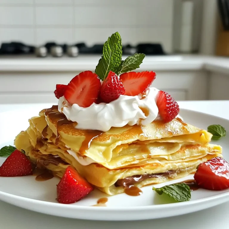 To make tasty Strawberry Nutella crepes, you need a few simple items: - 1 cup all-purpose flour - 2 large eggs - 1 1/4 cups milk - 2 tablespoons granulated sugar - 1/4 teaspoon salt - 2 tablespoons melted butter (plus extra for cooking) - 1 cup Nutella - 1 cup fresh strawberries, sliced These ingredients create soft, thin crepes that are perfect for filling with Nutella and strawberries. You can add a few fun toppings to make your crepes even better: - Whipped cream - Fresh mint leaves These extras make your dish look bright and festive. If you have special dietary needs, here are some ideas: - Use whole wheat flour for a more wholesome option. - Replace Nutella with almond butter or sunflower seed butter for nut-free diets. - For a dairy-free version, swap milk with almond or oat milk. These changes ensure everyone can enjoy this sweet treat! {{ingredient_image_1}} First, grab a medium bowl. Add 1 cup of all-purpose flour, 2 tablespoons of sugar, and 1/4 teaspoon of salt. Whisk these together until they blend well. In another bowl, whisk 2 large eggs. Then, pour in 1 1/4 cups of milk and 2 tablespoons of melted butter. Mix until smooth. Next, slowly add the wet mix into the dry mix. Stir gently to avoid lumps. The batter should be thin and smooth. Let it rest for 30 minutes. This helps the crepes become soft and tender. Now, heat a non-stick skillet over medium heat. Brush it lightly with melted butter. Pour about 1/4 cup of the crepe batter into the pan. Tilt the pan to spread the batter into a thin layer. Cook for 1-2 minutes. Look for the edges to lift and the bottom to turn golden. Carefully flip the crepe using a spatula. Cook for another minute on the other side. Once done, transfer the crepe to a plate and cover it to keep warm. Repeat this process with the remaining batter until you have a stack of crepes. To assemble, take one crepe and spread a generous tablespoon of Nutella on one half. Then, add sliced strawberries on top of the Nutella. Now, fold the crepe in half, and then fold it in half again to create a triangle shape. For a special touch, drizzle some whipped cream on top and garnish with fresh mint leaves if you like. Enjoy your beautiful creation! To make the best crepes, start with a smooth batter. Mix the dry and wet ingredients well. Let the batter sit for about 30 minutes. This helps the flour absorb moisture. Use a non-stick skillet for easy flipping. Brush the pan with a little melted butter before each crepe. Pour just enough batter to cover the bottom of the pan. Tilt the pan to spread the batter evenly. Cook until the edges lift easily. Flip the crepe gently using a spatula. One common mistake is overmixing the batter. This can make the crepes tough. Another mistake is using too much flour. This will make crepes thick and chewy. Don’t rush the cooking process. Cooking too fast can burn the crepes. If the pan is too hot, they can cook unevenly. Lastly, avoid crowding the pan. Cook one crepe at a time for the best results. For a beautiful presentation, stack the crepes on a nice plate. Drizzle with whipped cream for a touch of elegance. You can also add fresh mint leaves for color. Arrange sliced strawberries on top or around the crepes. A dusting of powdered sugar adds a sweet touch. Serve warm for the best flavor. Enjoy with a fork and knife or fold them for easy eating. Pro Tips Rest the batter: Allowing the batter to rest for at least 30 minutes helps the flour fully hydrate and results in more tender crepes. Use a non-stick pan: A good quality non-stick skillet or crepe pan is essential for easy flipping and to prevent sticking. Control the heat: Cooking on medium heat ensures the crepes cook evenly without burning. Adjust the heat as necessary. Experiment with fillings: While Nutella and strawberries are delicious, feel free to try other fillings like banana, peanut butter, or even savory options! {{image_2}} You can switch up the Nutella for other spreads. Try almond butter or peanut butter. Both add a nutty flavor that pairs well with strawberries. You can also use cream cheese for a richer taste. For toppings, consider sliced bananas or a sprinkle of powdered sugar. Fresh berries like blueberries or raspberries add a nice touch too. Why stick to plain crepes? You can add cocoa powder to make chocolate crepes. Just mix in a couple of tablespoons with your dry ingredients. Vanilla extract is another great addition for sweet, fragrant crepes. A pinch of cinnamon can also elevate the flavor, making your crepes even more special. If you want a healthier option, use whole wheat flour. It adds fiber and nutrients. You can also make sugar-free crepes by swapping granulated sugar for a sugar substitute. Unsweetened almond milk is a great choice if you're looking for a dairy-free option. These changes keep the crepes tasty while being a bit lighter. To keep your leftover crepes fresh, stack them on a plate. Place parchment paper between each crepe to prevent sticking. Cover the stack with plastic wrap or foil. Store the crepes in the fridge for up to three days. They will stay soft and tasty this way. When you're ready to enjoy your crepes again, heat them gently. Use a skillet over medium heat. Warm each crepe for about 30 seconds on each side. This method keeps them soft and restores their flavor. You can also use a microwave for quick reheating. Just cover them with a damp paper towel and heat for 10-15 seconds. If you want to save crepes for later, freezing works well. First, let the crepes cool completely. Then, stack them with parchment paper in between. Wrap them tightly in plastic wrap or place them in a freezer bag. You can freeze them for up to two months. To thaw, move them to the fridge overnight or microwave them on low for a few seconds. Enjoy your crepes any time! Yes, you can. Make the crepe batter up to one day before. Just store it in the fridge. Cover the bowl with plastic wrap. This helps the flavors blend nicely. When ready to use, give it a good stir to mix again. Let it sit at room temperature for about 10 minutes before cooking. This makes cooking easier. If you want a different flavor, use chocolate spread instead. Other options include almond butter or peanut butter. You can also try fruit spreads like strawberry or raspberry. These choices add a nice twist to your crepes. Each option gives a unique taste that complements strawberries well. Regular crepes use all-purpose flour, which is not gluten-free. To make gluten-free crepes, swap the flour for a gluten-free blend. Look for a mix that works for pancakes or crepes. This way, you keep the same taste and texture. Always check labels to ensure all ingredients are gluten-free. You learned how to make delicious Strawberry Nutella Crepes using simple ingredients. We covered important steps, best practices, and common mistakes to avoid. You also found tips for tasty variations and storage methods. Crepes are fun to make and enjoy. Don't shy away from experimenting with flavors and fillings. With these easy steps, you can create a delightful treat for any occasion. Enjoy your crepe-making journey!