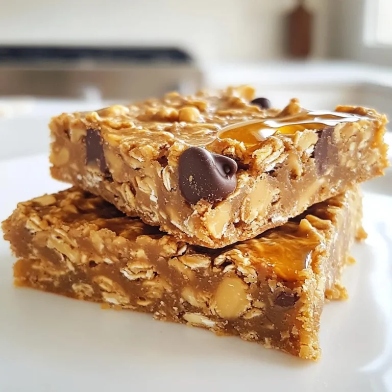 To make these tasty bars, you need simple ingredients. Here’s what to gather: - 2 cups rolled oats - 1/2 cup creamy peanut butter - 1/4 cup honey or maple syrup - 1/2 cup mashed ripe banana (about 1 large banana) - 1/4 cup brown sugar (packed) - 1/2 teaspoon vanilla extract - 1/2 teaspoon baking powder - 1/4 teaspoon salt - 1/2 cup dark chocolate chips (optional) - 1/4 cup chopped nuts (walnuts or almonds, optional) These ingredients work together to give you chewy and sweet bars. You can change the recipe to fit your taste. Try these options: - Use almond butter instead of peanut butter for a different flavor. - Swap honey for agave syrup for a vegan choice. - Add dried fruit like cranberries or raisins for extra sweetness. - Mix in seeds like chia or flax for added nutrition. These changes can make your bars unique and fun! Each bar gives you a good mix of nutrients. Here’s what one serving offers: - Calories: 150 - Protein: 4g - Carbohydrates: 23g - Dietary Fiber: 3g - Sugars: 7g - Fat: 6g These bars provide energy and are great for snacks or breakfast. {{ingredient_image_1}} 1. First, preheat your oven to 350°F (175°C). This makes sure the bars bake evenly. 2. Next, grease and line an 8x8-inch baking pan with parchment paper. Leave some paper to hang over the sides. This helps you lift the bars out later. 3. In a large bowl, mix 2 cups of rolled oats, 1/4 cup of packed brown sugar, 1/2 teaspoon of baking powder, and 1/4 teaspoon of salt. Stir well to blend all the dry ingredients. 4. In another bowl, combine 1/2 cup of creamy peanut butter, 1/4 cup of honey (or maple syrup), 1/2 cup of mashed ripe banana, and 1/2 teaspoon of vanilla extract. Mix until smooth and creamy. 5. Pour the wet mixture into the dry oat mixture. Stir until everything is combined. If you want, fold in 1/2 cup of dark chocolate chips and 1/4 cup of chopped nuts for extra flavor. 6. Now, transfer the mixture into your prepared pan. Spread it out evenly. Press down firmly with a spatula or your hands. This helps the bars hold their shape. 7. Bake in the preheated oven for 20-25 minutes. The edges should be golden brown, and the center should feel set. 8. Once done, take the pan out of the oven. Let it cool for about 10 minutes. Use the parchment paper to lift the bars out of the pan. 9. Let the bars cool completely on a wire rack. This helps them firm up. 10. When ready to serve, cut into squares. For a nice touch, stack the bars on a rustic wooden board. Drizzle with honey or sprinkle sea salt on top for a great finish. To get the right texture for your Peanut Butter Oatmeal Bars, follow these steps. Use rolled oats, not quick oats. Quick oats can make the bars too soft. The banana adds moisture, so make sure it’s ripe. A ripe banana mashes easily. If you want chewier bars, press the mixture down firmly in the pan. This helps the bars hold together better. Bake until the edges are golden brown. This gives a nice crisp outside while keeping the inside soft. To keep your bars fresh, store them in an airtight container. This helps them stay soft and tasty. You can also wrap them individually in plastic wrap. This makes grabbing a snack easy. If you want to keep them longer, freeze the bars. Just place them in a freezer bag. They can last up to three months in the freezer. When you’re ready to eat one, let it thaw at room temperature. Here are some mistakes to skip while making these bars. First, don’t skip the baking powder. It helps the bars rise and stay fluffy. Second, add salt to enhance the flavor. Too little salt makes them taste flat. Avoid over-mixing the wet and dry ingredients. Mixing too much can make the bars tough. Lastly, don’t cut them too soon. Letting them cool completely helps them set. This makes cutting easier and neater. Pro Tips Use Ripe Bananas: The riper the banana, the sweeter and more flavorful your bars will be. Look for bananas with brown speckles for optimal sweetness. Experiment with Nut Butters: While peanut butter is delicious, try using almond or cashew butter for a different flavor profile and health benefits. Store Properly: Keep your oatmeal bars in an airtight container at room temperature for up to a week, or refrigerate them for longer freshness. Customize Add-ins: Feel free to add dried fruits, seeds, or spices like cinnamon to the mixture for extra flavor and nutrition. {{image_2}} You can easily change these bars to fit your needs. If you want them nut-free, swap peanut butter for sunflower seed butter. For a lower sugar option, use a sugar substitute. You can also add dried fruit, like cranberries or raisins, for a chewy texture. Adjust the amounts based on what you like. This way, you can enjoy your bars while sticking to your diet. To make these bars even yummier, think about adding spices. A dash of cinnamon or nutmeg can give a warm taste. If you love chocolate, use chocolate almond butter instead of regular peanut butter. This adds a unique flavor twist. You might also try mixing in some cocoa powder for a rich chocolate kick. Each variation makes the bars special and fun to eat. For a vegan version, use maple syrup instead of honey. Make sure your oats are labeled gluten-free if you need them that way. You can also use flax eggs instead of regular eggs if you want. Just mix one tablespoon of flaxseed with three tablespoons of water, and let it sit for a few minutes. This will help bind the bars together. These simple changes keep the bars tasty and friendly for all diets. To keep your Peanut Butter Oatmeal Bars fresh, store them in an airtight container. You can place them at room temperature for up to a week. If it’s warm or humid, put them in the fridge. This helps them stay firm and tasty. For longer storage, you can freeze these bars. First, let them cool completely. Then, cut them into squares. Wrap each square in plastic wrap or foil. Place the wrapped bars in a freezer-safe bag or container. They can last up to three months in the freezer. To enjoy frozen bars, take out what you need. Let them thaw in the fridge overnight. If you want them warm, heat them in the microwave for about 10-15 seconds. This brings back their soft and chewy texture. Enjoy your delicious Peanut Butter Oatmeal Bars anytime! Yes, you can use natural peanut butter. It adds a rich taste. However, it may change the texture. Natural peanut butter has more oil, so you might need to adjust the amount. Use about the same amount, but stir it well before adding. This change can make your bars a bit more crumbly. To boost protein, add protein powder or more nuts. You can mix in about 1/4 cup of protein powder when mixing the dry ingredients. Chopped nuts like almonds or walnuts also work great. They add crunch and flavor while increasing protein. If you like, include some seeds like chia or flaxseeds too. Serve these bars as a snack or breakfast. They taste great with a drizzle of honey on top. You can also pair them with yogurt or fresh fruit. For a fun twist, try spreading a little more peanut butter on a bar. This makes it extra tasty and filling. You’ve learned how to make delicious peanut butter oatmeal bars from scratch. We covered the key ingredients, the step-by-step process, and helpful tips for the perfect texture. You can even customize your bars and make them suit your taste. Remember to store them correctly for lasting freshness. With these insights, you can create a tasty treat for any occasion. Enjoy your baking and share these bars with friends!