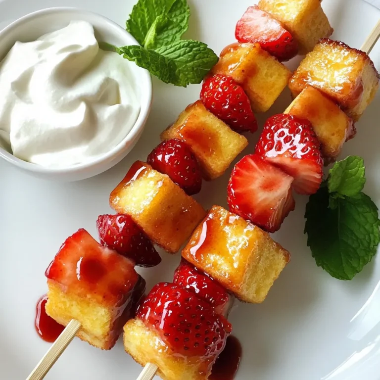 You need 2 cups of fresh strawberries for this recipe. Choose ripe, juicy strawberries. They should be bright red and firm. Wash them well and hull them to remove the green tops. This makes them easier to eat and tastier in every bite. You will use 1 cup of pound cake, cut into 1-inch cubes. This cake adds a rich and buttery flavor. You can use store-bought or homemade pound cake. Make sure it is soft and moist for the best texture. You’ll need 1 cup of whipped cream, either store-bought or homemade. If you want to make it from scratch, whip heavy cream with 1 teaspoon of vanilla extract and 2 tablespoons of honey until soft peaks form. Whipped cream makes everything better! You can also add ½ cup of chocolate chips for drizzling on the kabobs. Melt them in a small pan over low heat for a sweet touch. Fresh mint leaves can be a nice garnish too. They add color and a fresh taste to your dish. {{ingredient_image_1}} Start by gathering your ingredients. You need 2 cups of fresh strawberries and 1 cup of pound cake. First, wash the strawberries well and remove the green tops. This step is simple but key for flavor. Next, cut the pound cake into 1-inch cubes. Make sure the pieces are even. This helps them fit well on the skewers. If you choose to make homemade whipped cream, it’s easy and fun. Get 1 cup of heavy cream. Pour it into a large bowl. Add 1 teaspoon of vanilla extract and 2 tablespoons of honey, if you want a touch of sweetness. Use a hand mixer or a whisk. Beat the cream until it forms soft peaks. This can take a few minutes. Once done, set it aside. Now it’s time to assemble the kabobs. Take a wooden skewer and slide on one strawberry. Next, add a cube of pound cake. Follow with another strawberry. Keep adding the layers in this order. Leave some space at the ends for easy holding. Repeat this for all your skewers. When they are ready, you can melt some chocolate if you like. To melt chocolate, use a small saucepan over low heat. Add ½ cup of chocolate chips. Stir until smooth and melted. Drizzle the chocolate over your kabobs for a special touch. Serve them right away with a dollop of whipped cream on the side. Enjoy your tasty and fun treat! When picking strawberries, look for bright red ones. The berries should be firm and plump. Check the green leaves; they should be fresh and green. Avoid any that are mushy or have dark spots. Fresh strawberries taste sweet and juicy, making them the star of your kabobs. A soft and moist pound cake works best for kabobs. You can buy store-made pound cake or bake your own. If you bake, follow a simple recipe. Make sure to let the cake cool completely before cutting it into cubes. This helps prevent crumbling. Aim for 1-inch cubes for easy assembly and even flavor in every bite. For a fun look, arrange kabobs on a colorful platter. You can drizzle melted chocolate over the kabobs for a sweet touch. Add dollops of whipped cream on the side for dipping. Garnish with fresh mint leaves for a bright pop of color. This makes a perfect treat for parties or family gatherings. Pro Tips Use Fresh Strawberries: Make sure to select ripe, fresh strawberries for the best flavor and sweetness in your kabobs. Customize Your Drizzle: Feel free to experiment with different types of chocolate or even caramel for drizzling over your kabobs. Keep Ingredients Chilled: For the best presentation, keep your strawberries and whipped cream chilled until ready to serve. Mix and Match: Try using other fruits like bananas or peaches, or substitute the pound cake with brownies for a fun twist. {{image_2}} You can swap out strawberries for other fruits. Try using blueberries, raspberries, or bananas. These fruits add new flavors and colors. They also keep the kabobs fun and fresh. Mix and match to find your favorite combo. If you choose bananas, slice them thick. This keeps them from squishing on the skewer. While pound cake is a classic choice, you can use other cakes. Angel food cake is light and fluffy. It pairs well with fruit. You can also try sponge cake for a different texture. If you want a twist, use chocolate cake. It adds richness to the kabobs. Just cut any cake into 1-inch cubes for easy skewering. Whipped cream is a must-have for these kabobs. You can keep it simple or add flavors. Try mixing in a bit of cocoa powder for chocolate whipped cream. You can also add a dash of cinnamon for a warm spice. For a fruity twist, fold in some pureed fruit. This makes each bite even more special. Keep your assembled strawberry shortcake kabobs in the fridge. Use an airtight container to prevent them from drying out. If you store them this way, they will stay fresh for about a day. The strawberries may lose some firmness, but they will still taste great. If you want to keep your ingredients fresh, store them separately. Place the strawberries in a bowl and cover them with plastic wrap. Keep the pound cake in a sealed bag to keep it moist. Store the whipped cream in a container with a lid. This way, everything stays fresh for up to three days. The shelf life for assembled kabobs is short, just one day. For the best flavor, eat them right away. If you store ingredients separately, they can last longer. Use fresh ingredients for the best taste. If you plan to eat them later, don’t drizzle the chocolate until just before serving. This keeps everything looking nice and fresh. Yes, you can use frozen strawberries. However, fresh strawberries taste best. Frozen strawberries may be mushy after thawing. If you use them, let them thaw first. Drain any excess water before assembling your kabobs. Fresh strawberries will give you bright flavor and a nice texture. To make these kabobs healthier, swap out the pound cake for angel food cake. You can also use low-fat whipped cream or Greek yogurt. Drizzle less chocolate or skip it altogether. Add more fruit like blueberries or bananas for added nutrients. These changes keep the fun while making it better for you. Wooden skewers work well for kabobs. They are sturdy and easy to find. You can also use metal skewers for a more durable option. Just make sure to soak wooden skewers in water for 30 minutes to prevent burning. Choose a skewer that is at least 10 inches long for better handling. This article covered how to make delicious strawberry shortcake kabobs. We discussed fresh strawberries, pound cake, and homemade whipped cream. You learned how to prepare, assemble, and present your kabobs. I shared tips on choosing the best ingredients and offered variations for your taste. Remember, these kabobs are versatile and fun to make. Enjoy experimenting with flavors and fruits. Your summer get-togethers will shine with this easy treat. Keep it fresh, vibrant, and share with friends!