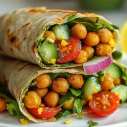 To make tasty chickpea shawarma wraps, gather these ingredients: - 1 can (15 oz) chickpeas, drained and rinsed - 2 tablespoons olive oil - 2 teaspoons ground cumin - 2 teaspoons ground coriander - 1 teaspoon smoked paprika - 1 teaspoon turmeric - ½ teaspoon cayenne pepper (adjust for spice preference) - Salt and pepper, to taste - 2 large whole wheat wraps or pita bread - 1 cup baby spinach or mixed greens - ½ cup cherry tomatoes, halved - ¼ cup red onion, thinly sliced - ½ cucumber, diced - ¼ cup tahini (for sauce) - Juice of 1 lemon - 1-2 cloves garlic, minced - Water as needed to thin the sauce When choosing chickpeas, look for high-quality brands. The best chickpeas are firm and not too soft. Fresh vegetables make a big difference. Choose bright greens and firm tomatoes. If you need a gluten-free option, use corn tortillas instead of wraps or pita. For a vegan twist, make sure the tahini is pure and free from added ingredients. You can make tahini at home by blending sesame seeds and oil. Store-bought tahini works fine, too. Just check the label for added oils or preservatives. {{ingredient_image_1}} First, drain and rinse the chickpeas. Use a colander to remove the liquid. Rinsing helps cut the salt from the can. Next, pat the chickpeas dry with a paper towel. This step is key for crispiness. In a bowl, mix the drained chickpeas with olive oil, ground cumin, ground coriander, smoked paprika, turmeric, cayenne pepper, and salt. Stir until every chickpea is coated in the spices. Preheat your oven to 400°F (200°C). Spread the seasoned chickpeas on a baking sheet. Make sure they are in a single layer. Roast them for 25-30 minutes. Halfway through, shake the baking sheet to help them cook evenly. You want them golden and crispy. If they look soft, let them roast a few more minutes. In a small bowl, combine tahini, lemon juice, and minced garlic. Mix well. Add a pinch of salt for flavor. For a smooth sauce, add water one tablespoon at a time. Keep mixing until it’s drizzling consistency. If you like it thinner, add more water. If it’s too thin, add more tahini. Now it’s time to assemble. Take your whole wheat wrap or pita. Start with a handful of baby spinach or mixed greens. On top of that, add the crispy chickpeas. Next, layer in cherry tomatoes, red onion, and diced cucumber. Drizzle the tahini sauce over everything. Now fold the sides of the wrap and roll it tightly from the bottom. Slice in half and enjoy! - To roast chickpeas evenly, spread them out in a single layer. - Shake the baking sheet halfway through cooking. This helps them brown well. - If the chickpeas aren’t crispy, roast them a few more minutes. Check often to avoid burning. - For extra crispiness, you can dry the chickpeas completely before seasoning. - Pair your wraps with a fresh salad, like a simple cucumber salad. - You can also serve them with hummus or a tangy yogurt dip. - For drinks, try a light lemonade or sparkling water. Both complement the wraps nicely. - Store leftover wraps in an airtight container in the fridge. - The roasted chickpeas can be kept in a separate container. This keeps them from getting soggy. - To reheat, warm the chickpeas in the oven for a few minutes. This brings back their crunch. - Enjoy your wraps within two days for the best taste and texture. Pro Tips Perfectly Roasted Chickpeas: For the best texture, make sure your chickpeas are completely dry before seasoning and roasting. Pat them with a paper towel to remove excess moisture. Customize Your Spice Level: Adjust the cayenne pepper to control the heat. If you prefer a milder wrap, reduce the quantity or omit it altogether. Fresh Herbs for Flavor: Adding fresh herbs like parsley or cilantro to your wrap can enhance the flavor profile and add a vibrant touch. Storage Tips: If you have leftover tahini sauce, store it in an airtight container in the refrigerator. It can last for up to a week and is great on salads or as a dip! {{image_2}} You can easily change the taste of your chickpea shawarma. Try adding different spices like cinnamon or allspice. These spices can add warmth and depth. Fresh herbs like parsley or cilantro also work well. They brighten up the flavor and add a fresh touch. For extra toppings, consider adding avocado slices for creaminess. Pickled red onions can add a tangy kick. You can also add feta cheese for a salty bite. Each of these toppings brings something unique to your wrap. You don't have to stick to just one type of wrap. Try using corn tortillas for a gluten-free option. Lettuce leaves make a great low-carb wrap, too. If you're feeling creative, serve your chickpea shawarma in a bowl. Layer the roasted chickpeas over rice or quinoa. Top it with your favorite veggies and tahini sauce. Salads are another fun way to enjoy this dish. Just toss everything together for a fresh meal. Each serving of Chickpea Shawarma Wraps has about 450 calories. You get around 15 grams of protein, 60 grams of carbs, and 15 grams of fat. Chickpeas are a great source of protein and fiber. They help keep you full and satisfied. Olive oil adds healthy fats, which are good for your heart. The spices bring flavor and antioxidants to the dish. Chickpeas can improve digestion and lower cholesterol. They are rich in vitamins and minerals, too. Spinach and mixed greens add vitamins A, C, and K. Cherry tomatoes provide vitamin C and are low in calories. Red onion offers anti-inflammatory benefits. Cucumbers keep you hydrated and add crunch. These wraps are perfect for many diets. They are vegan and gluten-free if you use the right wraps. Whole wheat wraps give you fiber and nutrients. Fresh veggies boost the nutritional value and add color. You can swap in other veggies based on your taste. This dish is packed with flavor and good for you! To make chickpea shawarma from scratch, start with canned chickpeas. Drain and rinse them. In a bowl, mix the chickpeas with olive oil and spices. Use ground cumin, coriander, smoked paprika, turmeric, cayenne, salt, and pepper. Spread the chickpeas on a baking sheet and roast them at 400°F for 25-30 minutes. Once they are crispy and golden, it's time to assemble. You can wrap them in whole wheat wraps or pita with greens and veggies, then drizzle with tahini sauce. This gives a great flavor that mimics traditional shawarma. Yes, chickpea shawarma wraps can be made ahead of time. You can roast the chickpeas and make the tahini sauce in advance. Store the chickpeas in an airtight container for up to five days. Keep the tahini sauce in the fridge for about a week. When you are ready to eat, simply assemble the wraps. This way, you save time and still enjoy fresh flavors. Roasted chickpeas can last up to five days when stored correctly. Keep them in an airtight container at room temperature. If they lose some crunch, you can re-roast them briefly to bring back the texture. To enjoy them longer, you can freeze the roasted chickpeas for up to three months. Just let them cool before you freeze them. In this post, we explored making delicious chickpea wraps, from selecting fresh ingredients to crafting the tasty tahini sauce. You learned about roasting chickpeas for that perfect crunch and how to layer your wraps for the best flavor. I also shared tips on variations and substitutions for dietary needs. Enjoy creating your version! These wraps are healthy, versatile, and full of flavor. They are easy to modify for any taste. With this guide, you will impress friends and family with your cooking skills!