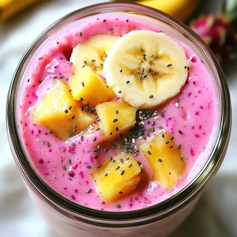 To make a delicious Tropical Dragon Fruit Smoothie, gather these key ingredients: - 1 ripe dragon fruit, peeled and diced - 1 banana, sliced - 1 cup coconut milk (or any plant-based milk) - 1/2 cup frozen pineapple chunks - 1 tablespoon honey or agave syrup (adjust to taste) - 1 tablespoon chia seeds - A handful of spinach (optional for extra nutrients) - Ice cubes (optional, for a thicker smoothie) Each ingredient plays a special role. Dragon fruit adds a vibrant color and unique flavor. Bananas bring natural sweetness and creaminess. Coconut milk gives a rich, tropical feel. Frozen pineapple chunks add a refreshing twist. Honey or agave syrup sweetens the smoothie to your liking. Chia seeds provide fiber and nutrients. Spinach can boost health without changing the taste. Ice cubes help make the smoothie thicker, if desired. Using fresh, ripe fruits helps create a better taste. Make sure to choose a dragon fruit with bright color and no soft spots. This will ensure your smoothie shines with flavor and nutrition. When you have everything ready, you're set for a delightful blend. {{ingredient_image_1}} First, let's get your ingredients ready. Start by peeling the dragon fruit. Use a knife to cut off the skin. Then, dice the flesh into small pieces. Next, slice the banana into thin rounds. This helps it blend better. Finally, measure one cup of coconut milk and half a cup of frozen pineapple chunks. Now, it’s time to blend! In a blender, combine the diced dragon fruit, sliced banana, coconut milk, and frozen pineapple. Add one tablespoon of honey or agave syrup for sweetness. If you want extra nutrients, toss in a handful of spinach. Don't forget one tablespoon of chia seeds for added texture. Blend on high until the mixture is smooth and creamy. You may need to scrape down the sides of the blender to ensure everything mixes well. After blending, taste your smoothie. If you want it sweeter, add more honey or agave syrup. For a thicker texture, toss in a few ice cubes and blend again. This will give your smoothie that perfect consistency. Once you are satisfied, pour it into chilled glasses and serve right away. To get the perfect texture for your smoothie, start with the right balance of liquids and solids. Use one cup of coconut milk, then add your fruits. For a thicker smoothie, add more frozen pineapple or ice cubes. Blend until creamy, but don't overdo it. If you want it thicker, add ice cubes while blending. This makes it cold and refreshing. To make your smoothie sweeter, try using honey or agave syrup. Start with one tablespoon, then taste. You can always add more. Want extra flavor? Add fruits like mango or berries. They mix well and taste great with dragon fruit. You can also add a squeeze of lime for a zesty kick. Chia seeds are a great addition. They pack a lot of nutrients and add a nice texture. Just one tablespoon gives you fiber and omega-3s. If you want to boost your greens, toss in a handful of spinach. It blends well and you won't even taste it. This simple change adds vitamins without changing the flavor. Pro Tips Use Fresh Ingredients: For the best flavor and nutrition, opt for fresh and ripe fruits whenever possible. Chill Your Glasses: Serving the smoothie in chilled glasses enhances the refreshing experience, especially on a warm day. Experiment with Add-ins: Feel free to add other superfoods like protein powder or flaxseeds for an extra nutrient boost. Blend in Stages: If your blender struggles with frozen fruits, blend the softer ingredients first, then add the frozen ones gradually. {{image_2}} If you want to change the banana and pineapple, try other fruits. Mango adds sweetness and creaminess. Papaya gives a tropical twist, while kiwi adds a zing. You can mix and match fruits based on what you have. Passion fruit adds a tangy taste, and berries bring color and antioxidants. For a dairy-free version, use plant-based milk. Almond milk is light, while oat milk adds creaminess. Coconut milk works great and enhances the tropical flavor. If you want a creamy texture, try adding dairy-free yogurt. It blends well and keeps the smoothie thick. Boost your smoothie with superfoods for extra nutrition. Add a spoonful of flax seeds for omega-3s. You can also use spirulina for a green boost. Chia seeds are great for fiber and texture. To enhance flavor, sprinkle in cinnamon or ginger. They add warmth and a health kick. To store leftover smoothie, pour it into a sealed container. Make sure to leave some space at the top. This allows for any expansion when it freezes. Keep it in the fridge. It’s best to drink it within 24 hours for the best taste. To maintain freshness, stir the smoothie before drinking. Ingredients can settle. If it looks a bit thick, add a splash of coconut milk. Blend again if needed. This keeps the flavor bright and enjoyable. If you want to freeze portions, use ice cube trays. Pour the smoothie into the trays and freeze. Once solid, pop the cubes into a bag. This makes it easy to grab a serving later. When you are ready to enjoy, thaw the cubes in the fridge overnight. If you need it faster, run warm water over the bag. After thawing, blend the mixture again. This ensures a smooth texture before you sip. Dragon fruit, also called pitaya, is a bright pink fruit. It has green scales that look like the skin of a dragon. The inside is white or pink with tiny black seeds. It tastes mildly sweet and refreshing, similar to a kiwi. Nutritionally, dragon fruit is low in calories. It is high in fiber, which helps digestion. It also has vitamin C, which boosts your immune system. The antioxidants in dragon fruit fight free radicals, supporting overall health. Yes, you can make this smoothie ahead of time. Just blend it and store it in the fridge. Use an airtight container to keep it fresh. It lasts well for up to 24 hours. If you notice it thickening, just add a splash of coconut milk and stir. This keeps the flavor bright and fresh. To make this smoothie thicker, you have a few options. First, you can add ice cubes when blending. This makes the smoothie icy and thick. Another idea is to add more frozen fruit like banana or pineapple. Chia seeds also help thicken the smoothie. They expand and create a nice texture. Just remember to blend well to mix everything together! You can make a delicious, healthy smoothie with simple ingredients like dragon fruit, banana, and coconut milk. Our step-by-step guide shows you how to prepare, blend, and enhance your drink. Remember, you can tweak the recipe with different fruits or superfoods for more flavor and nutrition. Storing your smoothie properly keeps it fresh for later. The tips in this post ensure you enjoy every sip. Enjoy creating your perfect smoothie and boost your health with every blend!