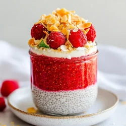 To make Coconut Raspberry Chia Pudding, gather these ingredients: - 1 cup coconut milk (canned or carton) - 1/2 cup almond milk (or any milk of your choice) - 1/4 cup chia seeds - 2 tablespoons maple syrup (or honey) - 1 teaspoon vanilla extract - 1 cup fresh raspberries (plus extra for garnish) - Pinch of salt - Toasted coconut flakes (for topping, optional) This mix of flavors makes every bite a treat. The creamy coconut milk pairs well with tart raspberries. The chia seeds thicken the pudding, giving it a fun texture. You can add some fun toppings to your pudding. Consider these options: - Extra fresh raspberries - Toasted coconut flakes - Sliced almonds - A drizzle of honey or maple syrup These toppings can add crunch and a boost of flavor. You can mix and match based on what you like. This pudding is not just tasty; it is healthy too. Here is the basic nutritional info for one serving: - Calories: 230 - Protein: 4g - Fat: 12g - Carbohydrates: 30g - Fiber: 10g - Sugar: 6g Chia seeds are a great source of fiber and omega-3 fatty acids. The coconut milk adds healthy fats, while raspberries provide antioxidants. Enjoy this pudding as a snack or breakfast. It is good for your body and your taste buds! {{ingredient_image_1}} Start by gathering all your ingredients. You will need coconut milk, almond milk, chia seeds, maple syrup, vanilla, raspberries, salt, and optional toasted coconut. Measure out each item carefully. Place them on your counter for easy access. In a mixing bowl, add 1 cup of coconut milk and 1/2 cup of almond milk. Next, pour in 2 tablespoons of maple syrup and 1 teaspoon of vanilla extract. Add a pinch of salt to enhance the flavors. Whisk these together until smooth. Now, stir in 1/4 cup of chia seeds. Ensure they spread evenly in the mixture. Gently fold in 1 cup of fresh raspberries. Be careful not to mash them too much. Cover your bowl with plastic wrap. If you prefer, you can transfer the mixture into jars. Place the bowl or jars in the fridge for at least 4 hours or overnight. This step is key. The chia seeds will soak up the liquid and thicken the pudding. When ready to serve, stir the pudding well. If you want it sweeter, add more maple syrup. Serve it in bowls or jars. Top with extra raspberries and toasted coconut flakes for a tasty finish. To get the best texture, soak chia seeds well. They need time to swell. Mix them into the liquid well to avoid clumps. The pudding should feel creamy and thick. If it's too runny, add more chia seeds. Let it chill for at least four hours or overnight for the best results. Taste your pudding before serving. If it needs more sweetness, stir in a bit more maple syrup or honey. Keep in mind that the raspberries add natural sweetness too. You can also use ripe bananas or dates to sweeten it if you prefer. Adjust to your liking for the perfect balance. Serve the pudding in small bowls or jars for a pretty display. Top with extra raspberries for color and flavor. Adding toasted coconut flakes gives a nice crunch. You can also sprinkle nuts, seeds, or granola for extra texture. This pudding works great as breakfast, snack, or dessert. Enjoy it chilled for a refreshing treat! Pro Tips Quality Ingredients: Using high-quality coconut milk and fresh raspberries will enhance the flavor of your chia pudding immensely. Chill Time: For the best texture, let the pudding chill overnight. This allows the chia seeds to fully expand and absorb the liquid. Sweetness Level: Taste the mixture before it sets and adjust the sweetness to your preference. You can always add more maple syrup or honey. Garnishing: Add toasted coconut flakes and extra raspberries just before serving for a delightful crunch and burst of flavor. {{image_2}} For a truly dairy-free pudding, stick with coconut milk and almond milk. Both give a creamy base. You can also use oat milk or soy milk if you prefer. These options keep your pudding light and tasty. Raspberries shine in this recipe, but you can switch them out. Blueberries, strawberries, or diced mango work great too. Just remember to adjust the sweetness based on the fruit. Each fruit gives a unique flavor twist. Want to add more flavor? Try mixing in a dash of cinnamon or nutmeg. A bit of cocoa powder turns it into a chocolate delight. You could also add a splash of orange or lemon juice for a zesty kick. Each option adds its own special touch! Keep your Coconut Raspberry Chia Pudding in the fridge. Place it in a sealed container. This helps keep it fresh and tasty. You can enjoy it cold. Just stir it before serving. You can freeze this pudding if you want to save some for later. Use airtight containers or freezer bags. Make sure to leave some space for the pudding to expand. It can last up to three months in the freezer. When you're ready to eat, thaw it in the fridge overnight. Stir it well before serving. When stored properly in the fridge, this pudding stays good for about five days. After that, it might not taste as fresh. Always check for any changes in smell or texture before eating. If it looks or smells off, it's best to toss it. Chia pudding can last up to five days in the fridge. Just store it in a sealed container. After a few days, the texture might change slightly. If it seems too thick, add a splash of milk and stir. Yes, you can use any milk you like. Almond milk, oat milk, and soy milk all work well. Each type of milk adds a different flavor. Choose one that you enjoy most. You can use honey as a sweet substitute. Agave nectar and coconut sugar are also good options. Adjust the amount to your taste. Each sweetener has its own flavor, so try different ones! Absolutely! You can make this pudding a day ahead. Just let it chill overnight. This allows the chia seeds to soak up the liquid and thicken nicely. It’s perfect for a quick breakfast or snack. We explored making chia pudding from start to finish. We covered the key ingredients and optional toppings. You now have step-by-step instructions to prepare and mix your pudding. Plus, you learned tips to perfect texture and sweetness. We discussed variations, storage info, and answered common questions. Chia pudding is simple and fun to make. Enjoy your tasty treats while knowing you can customize them!