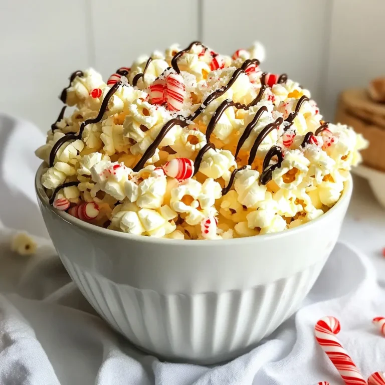For a tasty batch of peppermint bark popcorn, gather these simple ingredients: - 6 cups popped popcorn - 1 cup white chocolate chips - 1/4 cup crushed peppermint candies - 1/2 teaspoon peppermint extract - 1/4 teaspoon sea salt - Optional: 1/2 cup semi-sweet chocolate chips These ingredients create a sweet and festive treat. The popcorn is light and airy, while the white chocolate adds creaminess. Crushed peppermint candies give a nice crunch and minty flavor. The sea salt balances the sweetness, making every bite delightful. If you really love chocolate, consider adding semi-sweet chocolate chips. They add depth to the flavor. You can drizzle them on top for a beautiful touch. This mix of flavors will surely impress friends and family. Enjoy making this fun snack for parties or cozy nights at home! {{ingredient_image_1}} To start, I love using air-popped popcorn, but you can use oil too. If you choose oil, heat a pot over medium heat and add one tablespoon of oil. Then, add about half a cup of kernels. Cover the pot and shake it gently. Keep shaking until the popping slows down. This should take about three to five minutes. Once done, transfer the popped popcorn to a large mixing bowl. You want to make sure all the popcorn is light and fluffy. Next, it's time to melt the white chocolate. Grab a microwave-safe bowl and add one cup of white chocolate chips. Then, pour in half a teaspoon of peppermint extract. Microwave this mix in 20-second bursts. Stir after each round. This will help you avoid burning the chocolate. It should take about one to two minutes to get a smooth and creamy texture. Now comes the fun part! Pour the melted white chocolate over the popped popcorn. Use a spatula or a wooden spoon to fold and stir the popcorn carefully. Make sure each piece gets a nice coat of chocolate. Once coated, sprinkle a quarter cup of crushed peppermint candies and a quarter teaspoon of sea salt over the mixture. Stir again to mix everything evenly. If you want to drizzle some semi-sweet chocolate, now's the time! Melt half a cup of semi-sweet chocolate chips using the same microwave method. Drizzle it over the popcorn for extra flavor and a pretty look. Spread the popcorn on a baking sheet lined with parchment paper. Let it cool at room temperature or chill it in the fridge for about 15 to 20 minutes. This will help the chocolate harden. Finally, break the cooled mixture into pieces, and it’s ready to serve! To make the best popcorn, start with high-quality kernels. I prefer using organic corn for great flavor. If you use a stovetop, add just enough oil to coat the bottom of the pot. Heat it on medium, and then quickly add the kernels. Cover and shake the pot gently. This helps prevent burning. When popping slows, remove it from heat. Air-popping is a healthier option. It gives you fluffy popcorn with no added oil. Just follow the machine's instructions. In both methods, make sure not to leave unpopped kernels in the bowl. They can ruin your snack experience. Melting chocolate can be tricky, but I have a simple method. Use a microwave-safe bowl for the white chocolate chips. Add the peppermint extract right away for extra flavor. Heat in short bursts of 20 seconds. Stir after each burst to ensure even melting. When it’s smooth, stop heating. Overheating can ruin the chocolate. If you want to drizzle semi-sweet chocolate, use the same technique. This way, your chocolate will look great and taste amazing. When storing peppermint bark popcorn, use an airtight container. This keeps it fresh and crunchy. If you want to gift it, use clear bags tied with festive ribbons. It makes a delightful treat for friends and family. Serve it in fun bowls or jars for parties. The colorful look will catch everyone’s eye. You can also enjoy it while watching a movie or during festive gatherings. This treat is perfect for sharing! Pro Tips Use Fresh Peppermint Candies: For the best flavor and crunch, use freshly crushed peppermint candies or candy canes. They add a lovely festive touch and a satisfying texture to the popcorn. Ensure Complete Coating: When pouring the melted white chocolate over the popcorn, make sure to stir gently but thoroughly. This ensures that every piece is evenly coated, enhancing the taste in every bite. Storage Tips: To keep your peppermint bark popcorn fresh, store it in an airtight container at room temperature. This will prevent the chocolate from becoming sticky or the popcorn from getting stale. Experiment with Toppings: Feel free to get creative with additional toppings! Consider adding crushed nuts, sprinkles, or a dash of cinnamon for a unique twist on this classic treat. {{image_2}} You can switch the white chocolate for milk or dark chocolate. These options add a rich flavor that pairs well with peppermint. If you choose dark chocolate, the taste becomes more complex. For milk chocolate lovers, it brings a creamy finish. Try mixing chocolates for a fun twist! You can add spices for warmth. A pinch of cinnamon or nutmeg gives your popcorn a cozy feel. For more zing, try a dash of chili powder. You could even mix in some orange zest for a citrus touch. These flavors make your peppermint bark popcorn stand out! Add fun toppings for extra flair. Sprinkles in red and green make it festive. Try chopped nuts like almonds or pecans for crunch. Dried cranberries or festive M&Ms add color and sweetness. These toppings make your treat even more special for the holidays! To keep your peppermint bark popcorn fresh, store it in an airtight container. This will help prevent it from getting stale. You can use any container with a tight seal, like a jar or a plastic tub. Make sure the popcorn is cool before sealing it up. When stored properly, peppermint bark popcorn lasts about one week. After that, it may lose some crunch. If you want to enjoy it longer, consider freezing it. You can freeze peppermint bark popcorn for up to three months. To do this, place it in a freezer-safe bag or container. Be sure to remove as much air as possible. When you're ready to eat it, just thaw it in the fridge. This keeps it fresh and tasty! Yes, you can make Peppermint Bark Popcorn ahead of time. In fact, it stores well. I recommend making it a day or two before you plan to serve it. Just keep it in an airtight container at room temperature. This way, the popcorn stays fresh and crunchy. Avoid refrigeration, as it can make the popcorn chewy. If you don't have white chocolate chips, you can use yogurt chips. They provide a similar taste and texture. You might also try almond bark or even a good quality dark chocolate if you want a richer flavor. Each option gives a unique twist while keeping the festive feel. To cut the sweetness, reduce the white chocolate chips to 3/4 cup. You can also add more sea salt. This contrast can balance the flavors nicely. Another option is to skip the semi-sweet chocolate drizzle. This way, you still get that peppermint taste without it being too sugary. This blog post shared a simple recipe for Peppermint Bark Popcorn. You learned the key ingredients, like popcorn, white chocolate, and crushed peppermint. I took you through step-by-step instructions for popping, melting, and coating. You now have tips for perfect popcorn and how to store it. Finally, we explored fun variations for a unique twist. Whether you're making this treat for a holiday or just a snack, have fun with it!