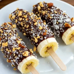 - 3 medium ripe bananas - 1 cup dark chocolate chips - 2 tablespoons coconut oil - 1/2 cup crushed nuts (such as almonds or walnuts) - 1/4 cup shredded coconut (unsweetened) - 1/4 teaspoon sea salt - Wooden popsicle sticks - Microwave-safe bowl - Baking sheet - Parchment paper When I make chocolate-covered banana pops, I start with simple yet fresh ingredients. You need ripe bananas. They are sweet and soft. The dark chocolate chips are rich and melt easily. I add coconut oil to make the chocolate smooth. This gives it a nice shine too. For toppings, I love to use crushed nuts. They add crunch and flavor. Almonds or walnuts work great. Shredded coconut is another tasty option. It gives a tropical twist. A sprinkle of sea salt on top enhances the taste. Gathering the right tools is key. You will need wooden popsicle sticks to hold the banana. A microwave-safe bowl helps to melt the chocolate. A baking sheet lined with parchment paper keeps the pops from sticking. These simple items make the process easy and fun! {{ingredient_image_1}} First, peel the bananas. Next, cut them in half crosswise. This gives you six pops. Take wooden popsicle sticks and insert them into the cut end of each banana half. Push the stick about halfway through. This helps hold the banana while you dip it in chocolate. In a microwave-safe bowl, combine the dark chocolate chips and coconut oil. This will help the chocolate melt smoothly. Microwave the mixture in 30-second intervals. Stir it after each interval. Keep going until the chocolate is fully melted and smooth. Be careful not to overheat it. Now, dip each banana pop into the melted chocolate. Make sure to let any excess chocolate drip back into the bowl. This helps create a nice coating. After dipping, roll the banana pops in your choice of toppings. You can use crushed nuts or shredded coconut. Make sure to coat them evenly. Once done, place the finished banana pops on a baking sheet lined with parchment paper. This keeps them from sticking. For a tasty twist, sprinkle a little sea salt on top. Repeat the steps until all banana halves are coated. Finally, freeze the banana pops for at least 2 hours. This makes the chocolate firm and ready to eat. To get a smooth chocolate coat, start with good chocolate. Use dark chocolate chips for a rich taste. Mix the chocolate chips with coconut oil. This helps the chocolate melt well. Microwave the mix in small bursts. Heat for 30 seconds, then stir. Repeat until it’s fully melted. This method keeps the chocolate from burning. To prevent chocolate from seizing, avoid water contact. Water makes chocolate clump and harden. Keep your bowl and utensils dry when melting the chocolate. You can make your banana pops even more fun with toppings. Try crushed nuts like almonds or walnuts. Shredded coconut gives a tropical twist. Sprinkles add color and crunch. You can also use seeds, like chia or flax. Mix and match flavors for more fun. For a sweet twist, drizzle honey or maple syrup. Chocolate-covered banana pops shine at parties and gatherings. They are a great treat for kids and adults alike. Serve them at birthday parties or summer BBQs. Pair them with ice cream or a glass of milk. You can even enjoy them with a hot cup of cocoa. These pops are sure to bring smiles and joy to any occasion! Pro Tips Choose Ripe Bananas: Make sure your bananas are perfectly ripe for the best flavor and texture. They should be slightly speckled with brown spots for optimal sweetness. Use Quality Chocolate: Opt for high-quality dark chocolate chips for a richer taste. You can also use chocolate bars; just chop them into small pieces before melting. Customize Toppings: Feel free to experiment with different toppings like sprinkles, crushed cookies, or seeds to create unique flavor combinations! Storage Tips: Store the banana pops in an airtight container in the freezer to keep them fresh and prevent freezer burn. {{image_2}} You can change up the chocolate for your banana pops. Milk chocolate adds a sweet touch. It melts well and tastes great! If you want something richer, try white chocolate. It has a creamy flavor that pairs well with bananas. For those who avoid dairy, dairy-free chocolate is a perfect choice. It melts just like regular chocolate and tastes delicious too. Look for options made from cocoa butter or plant-based ingredients. If you want a lighter option, think about using yogurt instead of chocolate. Plain yogurt gives a creamy coating. You can even use Greek yogurt for a thicker layer. For added flavor, mix in some honey or vanilla. Another fun idea is to coat your banana pops in nut butter. Almond or peanut butter adds protein and a nutty taste. Just warm it slightly so it spreads easily on the banana. To make your banana pops exciting, add seasonal spices. A pinch of cinnamon or nutmeg can bring warmth to the treat. You can also mix in fruit extracts, like vanilla or almond, to enhance the flavor. These little touches will make your banana pops special for any season. You might even think about rolling them in crushed candy canes during the holidays for a festive twist! To freeze chocolate-covered banana pops, first, let them cool after coating. Next, place them on a baking sheet lined with parchment paper. Make sure they are not touching. Freeze the pops for at least 2 hours or until the chocolate is firm. Once frozen, transfer the pops to a zip-top bag or airtight container. They can last in the freezer for about 1 month without losing flavor. When you are ready to enjoy your banana pops, take them out of the freezer. For the best taste, let them sit at room temperature for about 5 to 10 minutes. This waiting time allows the chocolate to soften a bit without melting completely. Serve them right after thawing for a creamy bite and a delightful crunch. To avoid freezer burn, it's crucial to use airtight packaging. If air gets in, it can dry out the pops and spoil their taste. Wrap each banana pop in plastic wrap before placing them in containers or bags. This extra layer keeps them fresh and tasty for longer. Remember, a well-sealed treat is always the best treat! Chocolate-covered banana pops last about 2 to 3 months in the freezer. To keep them fresh, wrap each pop in plastic wrap. Place them in a freezer bag or airtight container. This helps prevent freezer burn. Always label your container with the date. If you eat them within a month, they will taste best. Yes, you can use other fruits! Some great options are strawberries, apples, or pineapple chunks. Just make sure the fruits are firm. You can follow the same steps to coat them in chocolate. This gives you fun new flavors and textures. Each chocolate-covered banana pop has about 150 calories. They contain healthy fats from the chocolate and coconut oil. Bananas provide potassium and fiber. If you add nuts, you get extra protein and healthy fats. These treats can be a fun and tasty snack! In this post, we explored how to make tasty chocolate-covered banana pops. We covered ingredients like bananas, chocolate chips, and coconut oil. You learned about simple steps, tips for smooth coating, and fun topping ideas. Consider making these for parties or snacks. You can also customize them to fit your taste. Enjoy this treat, knowing you can make it however you like!