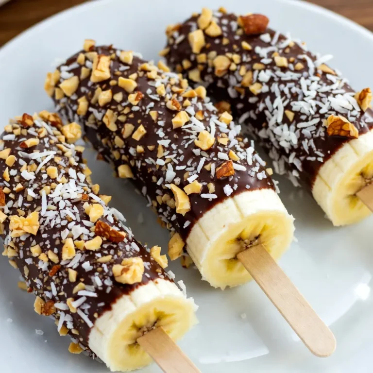 - 3 medium ripe bananas - 1 cup dark chocolate chips - 2 tablespoons coconut oil - 1/2 cup crushed nuts (such as almonds or walnuts) - 1/4 cup shredded coconut (unsweetened) - 1/4 teaspoon sea salt - Wooden popsicle sticks - Microwave-safe bowl - Baking sheet - Parchment paper When I make chocolate-covered banana pops, I start with simple yet fresh ingredients. You need ripe bananas. They are sweet and soft. The dark chocolate chips are rich and melt easily. I add coconut oil to make the chocolate smooth. This gives it a nice shine too. For toppings, I love to use crushed nuts. They add crunch and flavor. Almonds or walnuts work great. Shredded coconut is another tasty option. It gives a tropical twist. A sprinkle of sea salt on top enhances the taste. Gathering the right tools is key. You will need wooden popsicle sticks to hold the banana. A microwave-safe bowl helps to melt the chocolate. A baking sheet lined with parchment paper keeps the pops from sticking. These simple items make the process easy and fun! {{ingredient_image_1}} First, peel the bananas. Next, cut them in half crosswise. This gives you six pops. Take wooden popsicle sticks and insert them into the cut end of each banana half. Push the stick about halfway through. This helps hold the banana while you dip it in chocolate. In a microwave-safe bowl, combine the dark chocolate chips and coconut oil. This will help the chocolate melt smoothly. Microwave the mixture in 30-second intervals. Stir it after each interval. Keep going until the chocolate is fully melted and smooth. Be careful not to overheat it. Now, dip each banana pop into the melted chocolate. Make sure to let any excess chocolate drip back into the bowl. This helps create a nice coating. After dipping, roll the banana pops in your choice of toppings. You can use crushed nuts or shredded coconut. Make sure to coat them evenly. Once done, place the finished banana pops on a baking sheet lined with parchment paper. This keeps them from sticking. For a tasty twist, sprinkle a little sea salt on top. Repeat the steps until all banana halves are coated. Finally, freeze the banana pops for at least 2 hours. This makes the chocolate firm and ready to eat. To get a smooth chocolate coat, start with good chocolate. Use dark chocolate chips for a rich taste. Mix the chocolate chips with coconut oil. This helps the chocolate melt well. Microwave the mix in small bursts. Heat for 30 seconds, then stir. Repeat until it’s fully melted. This method keeps the chocolate from burning. To prevent chocolate from seizing, avoid water contact. Water makes chocolate clump and harden. Keep your bowl and utensils dry when melting the chocolate. You can make your banana pops even more fun with toppings. Try crushed nuts like almonds or walnuts. Shredded coconut gives a tropical twist. Sprinkles add color and crunch. You can also use seeds, like chia or flax. Mix and match flavors for more fun. For a sweet twist, drizzle honey or maple syrup. Chocolate-covered banana pops shine at parties and gatherings. They are a great treat for kids and adults alike. Serve them at birthday parties or summer BBQs. Pair them with ice cream or a glass of milk. You can even enjoy them with a hot cup of cocoa. These pops are sure to bring smiles and joy to any occasion! Pro Tips Choose Ripe Bananas: Make sure your bananas are perfectly ripe for the best flavor and texture. They should be slightly speckled with brown spots for optimal sweetness. Use Quality Chocolate: Opt for high-quality dark chocolate chips for a richer taste. You can also use chocolate bars; just chop them into small pieces before melting. Customize Toppings: Feel free to experiment with different toppings like sprinkles, crushed cookies, or seeds to create unique flavor combinations! Storage Tips: Store the banana pops in an airtight container in the freezer to keep them fresh and prevent freezer burn. {{image_2}} You can change up the chocolate for your banana pops. Milk chocolate adds a sweet touch. It melts well and tastes great! If you want something richer, try white chocolate. It has a creamy flavor that pairs well with bananas. For those who avoid dairy, dairy-free chocolate is a perfect choice. It melts just like regular chocolate and tastes delicious too. Look for options made from cocoa butter or plant-based ingredients. If you want a lighter option, think about using yogurt instead of chocolate. Plain yogurt gives a creamy coating. You can even use Greek yogurt for a thicker layer. For added flavor, mix in some honey or vanilla. Another fun idea is to coat your banana pops in nut butter. Almond or peanut butter adds protein and a nutty taste. Just warm it slightly so it spreads easily on the banana. To make your banana pops exciting, add seasonal spices. A pinch of cinnamon or nutmeg can bring warmth to the treat. You can also mix in fruit extracts, like vanilla or almond, to enhance the flavor. These little touches will make your banana pops special for any season. You might even think about rolling them in crushed candy canes during the holidays for a festive twist! To freeze chocolate-covered banana pops, first, let them cool after coating. Next, place them on a baking sheet lined with parchment paper. Make sure they are not touching. Freeze the pops for at least 2 hours or until the chocolate is firm. Once frozen, transfer the pops to a zip-top bag or airtight container. They can last in the freezer for about 1 month without losing flavor. When you are ready to enjoy your banana pops, take them out of the freezer. For the best taste, let them sit at room temperature for about 5 to 10 minutes. This waiting time allows the chocolate to soften a bit without melting completely. Serve them right after thawing for a creamy bite and a delightful crunch. To avoid freezer burn, it's crucial to use airtight packaging. If air gets in, it can dry out the pops and spoil their taste. Wrap each banana pop in plastic wrap before placing them in containers or bags. This extra layer keeps them fresh and tasty for longer. Remember, a well-sealed treat is always the best treat! Chocolate-covered banana pops last about 2 to 3 months in the freezer. To keep them fresh, wrap each pop in plastic wrap. Place them in a freezer bag or airtight container. This helps prevent freezer burn. Always label your container with the date. If you eat them within a month, they will taste best. Yes, you can use other fruits! Some great options are strawberries, apples, or pineapple chunks. Just make sure the fruits are firm. You can follow the same steps to coat them in chocolate. This gives you fun new flavors and textures. Each chocolate-covered banana pop has about 150 calories. They contain healthy fats from the chocolate and coconut oil. Bananas provide potassium and fiber. If you add nuts, you get extra protein and healthy fats. These treats can be a fun and tasty snack! In this post, we explored how to make tasty chocolate-covered banana pops. We covered ingredients like bananas, chocolate chips, and coconut oil. You learned about simple steps, tips for smooth coating, and fun topping ideas. Consider making these for parties or snacks. You can also customize them to fit your taste. Enjoy this treat, knowing you can make it however you like!
