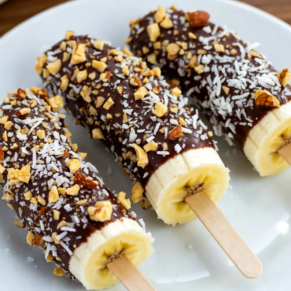 - 3 medium ripe bananas - 1 cup dark chocolate chips - 2 tablespoons coconut oil - 1/2 cup crushed nuts (such as almonds or walnuts) - 1/4 cup shredded coconut (unsweetened) - 1/4 teaspoon sea salt - Wooden popsicle sticks - Microwave-safe bowl - Baking sheet - Parchment paper When I make chocolate-covered banana pops, I start with simple yet fresh ingredients. You need ripe bananas. They are sweet and soft. The dark chocolate chips are rich and melt easily. I add coconut oil to make the chocolate smooth. This gives it a nice shine too. For toppings, I love to use crushed nuts. They add crunch and flavor. Almonds or walnuts work great. Shredded coconut is another tasty option. It gives a tropical twist. A sprinkle of sea salt on top enhances the taste. Gathering the right tools is key. You will need wooden popsicle sticks to hold the banana. A microwave-safe bowl helps to melt the chocolate. A baking sheet lined with parchment paper keeps the pops from sticking. These simple items make the process easy and fun! {{ingredient_image_1}} First, peel the bananas. Next, cut them in half crosswise. This gives you six pops. Take wooden popsicle sticks and insert them into the cut end of each banana half. Push the stick about halfway through. This helps hold the banana while you dip it in chocolate. In a microwave-safe bowl, combine the dark chocolate chips and coconut oil. This will help the chocolate melt smoothly. Microwave the mixture in 30-second intervals. Stir it after each interval. Keep going until the chocolate is fully melted and smooth. Be careful not to overheat it. Now, dip each banana pop into the melted chocolate. Make sure to let any excess chocolate drip back into the bowl. This helps create a nice coating. After dipping, roll the banana pops in your choice of toppings. You can use crushed nuts or shredded coconut. Make sure to coat them evenly. Once done, place the finished banana pops on a baking sheet lined with parchment paper. This keeps them from sticking. For a tasty twist, sprinkle a little sea salt on top. Repeat the steps until all banana halves are coated. Finally, freeze the banana pops for at least 2 hours. This makes the chocolate firm and ready to eat. To get a smooth chocolate coat, start with good chocolate. Use dark chocolate chips for a rich taste. Mix the chocolate chips with coconut oil. This helps the chocolate melt well. Microwave the mix in small bursts. Heat for 30 seconds, then stir. Repeat until it’s fully melted. This method keeps the chocolate from burning. To prevent chocolate from seizing, avoid water contact. Water makes chocolate clump and harden. Keep your bowl and utensils dry when melting the chocolate. You can make your banana pops even more fun with toppings. Try crushed nuts like almonds or walnuts. Shredded coconut gives a tropical twist. Sprinkles add color and crunch. You can also use seeds, like chia or flax. Mix and match flavors for more fun. For a sweet twist, drizzle honey or maple syrup. Chocolate-covered banana pops shine at parties and gatherings. They are a great treat for kids and adults alike. Serve them at birthday parties or summer BBQs. Pair them with ice cream or a glass of milk. You can even enjoy them with a hot cup of cocoa. These pops are sure to bring smiles and joy to any occasion! Pro Tips Choose Ripe Bananas: Make sure your bananas are perfectly ripe for the best flavor and texture. They should be slightly speckled with brown spots for optimal sweetness. Use Quality Chocolate: Opt for high-quality dark chocolate chips for a richer taste. You can also use chocolate bars; just chop them into small pieces before melting. Customize Toppings: Feel free to experiment with different toppings like sprinkles, crushed cookies, or seeds to create unique flavor combinations! Storage Tips: Store the banana pops in an airtight container in the freezer to keep them fresh and prevent freezer burn. {{image_2}} You can change up the chocolate for your banana pops. Milk chocolate adds a sweet touch. It melts well and tastes great! If you want something richer, try white chocolate. It has a creamy flavor that pairs well with bananas. For those who avoid dairy, dairy-free chocolate is a perfect choice. It melts just like regular chocolate and tastes delicious too. Look for options made from cocoa butter or plant-based ingredients. If you want a lighter option, think about using yogurt instead of chocolate. Plain yogurt gives a creamy coating. You can even use Greek yogurt for a thicker layer. For added flavor, mix in some honey or vanilla. Another fun idea is to coat your banana pops in nut butter. Almond or peanut butter adds protein and a nutty taste. Just warm it slightly so it spreads easily on the banana. To make your banana pops exciting, add seasonal spices. A pinch of cinnamon or nutmeg can bring warmth to the treat. You can also mix in fruit extracts, like vanilla or almond, to enhance the flavor. These little touches will make your banana pops special for any season. You might even think about rolling them in crushed candy canes during the holidays for a festive twist! To freeze chocolate-covered banana pops, first, let them cool after coating. Next, place them on a baking sheet lined with parchment paper. Make sure they are not touching. Freeze the pops for at least 2 hours or until the chocolate is firm. Once frozen, transfer the pops to a zip-top bag or airtight container. They can last in the freezer for about 1 month without losing flavor. When you are ready to enjoy your banana pops, take them out of the freezer. For the best taste, let them sit at room temperature for about 5 to 10 minutes. This waiting time allows the chocolate to soften a bit without melting completely. Serve them right after thawing for a creamy bite and a delightful crunch. To avoid freezer burn, it's crucial to use airtight packaging. If air gets in, it can dry out the pops and spoil their taste. Wrap each banana pop in plastic wrap before placing them in containers or bags. This extra layer keeps them fresh and tasty for longer. Remember, a well-sealed treat is always the best treat! Chocolate-covered banana pops last about 2 to 3 months in the freezer. To keep them fresh, wrap each pop in plastic wrap. Place them in a freezer bag or airtight container. This helps prevent freezer burn. Always label your container with the date. If you eat them within a month, they will taste best. Yes, you can use other fruits! Some great options are strawberries, apples, or pineapple chunks. Just make sure the fruits are firm. You can follow the same steps to coat them in chocolate. This gives you fun new flavors and textures. Each chocolate-covered banana pop has about 150 calories. They contain healthy fats from the chocolate and coconut oil. Bananas provide potassium and fiber. If you add nuts, you get extra protein and healthy fats. These treats can be a fun and tasty snack! In this post, we explored how to make tasty chocolate-covered banana pops. We covered ingredients like bananas, chocolate chips, and coconut oil. You learned about simple steps, tips for smooth coating, and fun topping ideas. Consider making these for parties or snacks. You can also customize them to fit your taste. Enjoy this treat, knowing you can make it however you like!