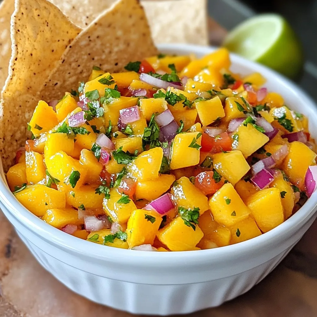 - 2 ripe mangos, diced - 2 habanero peppers, finely chopped (seeds removed for less heat) - 1 small red onion, finely diced - 1/2 cup fresh cilantro, chopped - Juice of 2 limes - 1 clove garlic, minced - Salt to taste When I make Spicy Mango Habanero Salsa, I love using fresh, ripe ingredients. Ripe mangos give the salsa a sweet base. Habanero peppers add a kick, so I often remove the seeds. The red onion adds crunch, while cilantro brings freshness. Lime juice brightens the flavor, and garlic adds depth. Don’t forget the salt; it ties everything together. If you can’t find ripe mangos, try peaches or nectarines. They also add sweetness. For those who want less heat, swap habaneros for jalapeños. They offer flavor without too much spice. You can also use green onions instead of red onion for a milder taste. If you want more herbs, try parsley or mint. Both can add a unique twist to your salsa. {{ingredient_image_1}} - Step 1: Dicing the mangos Start by washing the ripe mangos. Cut off the skin and dice them into small pieces. Aim for even sizes so they mix well later. This step adds sweetness to your salsa. - Step 2: Handling habanero peppers safely Wear gloves when you chop the habanero peppers. Remove the seeds if you want less heat. After cutting, wash your hands right away. This keeps the heat from spreading to your eyes or skin. - Step 3: Combining ingredients in a bowl In a medium bowl, add your diced mangos. Next, toss in the finely chopped habaneros. Add the diced red onion and cilantro. Squeeze in the juice of two limes. Finish with the minced garlic. Sprinkle salt to taste. - Tips for mixing without mashing Use a large spoon to mix the salsa gently. Avoid using too much force, as this can mash the mangos. The goal is to blend the flavors without losing the mango's texture. - Required mixing tools for best results A medium bowl and a large spoon work best. If you have a spatula, it can help with gentle mixing, too. Keep it simple to make cleanup easy. - Importance of refrigeration before serving Refrigerating the salsa lets the flavors meld together. This step is key to a tasty salsa. It helps the lime juice soak into the other ingredients. - Suggested chilling time for optimal flavor Cover the bowl and chill for at least 30 minutes. This time allows the flavors to blend. If you can wait longer, even better! To make your salsa even better, try adding other fruits. Pineapples or peaches bring a sweet twist. They add depth to the flavor that you will love. You can also mix in diced avocados for creaminess. Adjusting the heat level is easy. If you want it milder, remove all the seeds from the habaneros. You can also use fewer peppers. For a spicier kick, add more habaneros. Always taste as you go. This way, you will find the right heat for you. Spicy mango habanero salsa pairs great with tortilla chips. The crunch of the chips complements the salsa's sweetness. You can also serve it with fresh veggies like carrots and cucumbers. They are perfect for dipping too. For a hearty meal, try serving the salsa with tacos or grilled meats. It adds a fresh, zesty flavor to your dishes. You can spoon it over fish or chicken for a tasty twist. This salsa will brighten any meal. Make your salsa stand out with creative serving bowls. Use colorful bowls that match the bright colors of the salsa. This will catch your guests' eyes. Garnishing adds a special touch. Sprinkle fresh cilantro on top for a pop of green. Lime wedges on the side look nice and give extra flavor. You can even arrange the salsa with chips in a fun way. This makes your dish look appealing and inviting. Pro Tips Fresh Ingredients: Always use ripe, fresh mangos for the best flavor and texture in your salsa. Adjusting Heat: If you prefer a milder salsa, remove the seeds and membranes from the habanero peppers before chopping. Flavor Fusion: Allowing the salsa to chill in the refrigerator for at least 30 minutes enhances the blending of flavors. Serving Suggestions: Pair this salsa with grilled chicken or fish for a deliciously flavorful dish. {{image_2}} You can easily change up your mango habanero salsa. Try adding other fruits like pineapple or peach. These fruits add sweetness and balance the heat. They also bring a fun twist to your salsa. You can also mix in different herbs for a fresh taste. Mint adds a cool flavor, while parsley offers a mild taste. Experimenting with these herbs can give your salsa a unique flair. Roasting the ingredients can give your salsa a smoky flavor. Char the mango, peppers, and onion on a grill or under the broiler. This method adds depth and complexity to the taste. If you prefer a smoother texture, blend the salsa. Use a blender or food processor to combine the ingredients. This will create a creamy dip perfect for spreading on tacos or sandwiches. Making your salsa vegan-friendly is simple. All the ingredients are naturally vegan, so just enjoy it as is! For low-sodium options, skip the added salt. The natural flavors of the fruit and herbs will shine through. You can also use a salt substitute if you want to keep some seasoning. To keep your spicy mango habanero salsa fresh, use airtight containers. Glass jars work well. They seal tightly and help keep flavors strong. If you use plastic containers, make sure they are BPA-free for safety. Store your salsa in the fridge right after making it. This helps maintain its vibrant taste. In the fridge, salsa lasts about 3 to 5 days. After that, it may start to lose flavor. Look for signs of spoilage, like a sour smell or discoloration. If it looks slimy or has mold, throw it away. Better to be safe than sorry! You can freeze your salsa for later use. To do this, pour it into freezer bags or containers. Leave some space at the top. Salsa expands when it freezes. To thaw, place it in the fridge overnight. If you're in a hurry, run the bag under cold water. Once thawed, enjoy it in a week or two. How spicy is this salsa? This salsa has a good kick! Habanero peppers are quite hot. If you remove the seeds, it gets milder. Can I use frozen mangos? Yes, you can use frozen mangos! Just let them thaw and drain any excess water. Fresh is best, but frozen works well too. How long can I store leftover salsa? You can store it in the fridge for up to five days. Make sure to keep it in a sealed container to keep it fresh. What can I use instead of habanero peppers? If you want less heat, try jalapeños or serrano peppers. They add flavor without too much spice. Can I make this salsa ahead of time? Absolutely! Making it a few hours before serving helps flavors blend better. Just cover it and chill. What dishes pair well with mango habanero salsa? This salsa is great with tacos, grilled chicken, or fish. It also works well on top of nachos. How can I adjust the flavor if it’s too spicy? To tone it down, add more diced mango or some diced avocado. You can also mix in a bit of yogurt for creaminess. This blog post covered the ingredients and steps to make mango habanero salsa. You learned about ingredient swaps and storage tips. Experimenting with flavors, textures, and presentations can elevate your salsa. Remember to chill it for the best taste. This salsa pairs well with many dishes and can be adjusted to fit your taste. Try different fruits or herbs for a twist. Enjoying this fresh, spicy treat will impress your guests and add zest to your meals. Happy cooking!