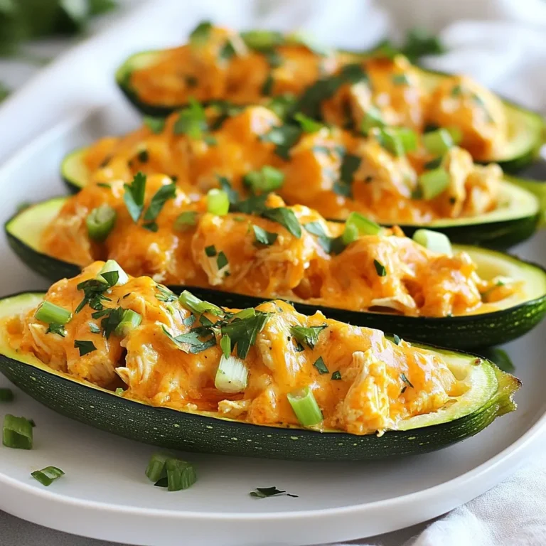 To make Buffalo Chicken Stuffed Zucchini, you need a few key items: - 4 medium zucchinis - 1 cup cooked chicken, shredded - 1/2 cup buffalo sauce (adjust to taste) - 1/4 cup cream cheese, softened - 1/2 cup shredded cheddar cheese - 1/4 cup green onions, chopped - Salt and pepper to taste - Olive oil (for drizzling) These ingredients create a delicious mix of flavors. The zucchini acts as a healthy base. The buffalo sauce adds heat, making it exciting. Cream cheese gives creaminess, while cheddar cheese melts perfectly on top. You can enhance your dish with these optional ingredients: - Extra spices like garlic powder or onion powder - Diced celery for crunch - Crumbled blue cheese for a tangy touch Adding these can give your dish a twist. They can also bring out new flavors. Feel free to experiment! Garnishing can make your dish pop. Consider these: - Fresh parsley adds color and freshness - Extra green onions for more flavor - A drizzle of ranch dressing for creaminess These garnishes not only look great but also add more taste. Serve your Buffalo Chicken Stuffed Zucchini with these ideas for a winning meal! {{ingredient_image_1}} First, preheat your oven to 375°F (190°C). Next, take your zucchinis and slice them in half lengthwise. Use a spoon to carefully scoop out the center. Aim to create boats without piercing the skin. This will hold all the tasty filling. After that, place the zucchini boats on a baking sheet lined with parchment paper. Drizzle a little olive oil over them. Finally, sprinkle with salt and pepper to taste. In a mixing bowl, combine 1 cup of shredded chicken, 1/2 cup of buffalo sauce, and 1/4 cup of softened cream cheese. Add half of the shredded cheddar cheese and 1/4 cup of chopped green onions. Mix everything together until it's well combined. Taste it and adjust the buffalo sauce to your liking. This filling packs a punch and gives a great flavor. Now, it’s time to fill those zucchini boats. Spoon the buffalo chicken mixture into each boat. Press down gently to fit it all in. Once filled, sprinkle the remaining cheddar cheese evenly over the tops. Place the baking sheet in the oven and bake for about 25-30 minutes. You'll know it’s done when the zucchinis are tender and the cheese is melted and bubbly. After baking, let them cool slightly. You can garnish with fresh parsley for a pop of color and flavor. Enjoy your flavorful dinner! Choose zucchinis that are firm and smooth. Look for a bright green color. Avoid any that have soft spots or blemishes. Smaller zucchinis tend to be sweeter and more tender. If you can, pick ones that are about 6 to 8 inches long. They will be the perfect size for stuffing. Store fresh zucchinis in the fridge. Place them in a plastic bag to keep them fresh. Use them within a week for the best taste. If you have leftovers, put them in an airtight container. You can keep them in the fridge for up to three days. To reheat, bake in the oven at 350°F (175°C) for about 15 minutes. This helps keep the zucchini tender. Don't overcook the zucchinis. They should be tender but still hold their shape. If you cook them too long, they get mushy. Make sure to scoop out enough of the center. This gives you room for the filling. Lastly, adjust the buffalo sauce to your taste. Some like it spicy, while others prefer it milder. Pro Tips Adjust the Heat: If you're sensitive to spice, reduce the amount of buffalo sauce or mix it with a bit of ranch dressing for a milder flavor. Perfectly Cooked Zucchini: To avoid mushy zucchini, be careful not to overbake. Check for tenderness after 25 minutes. Make Ahead: You can prepare the stuffed zucchini in advance and store them in the fridge. Bake them just before serving for a fresh dish. Garnish Ideas: Experiment with different garnishes like crumbled blue cheese or sliced jalapeños for added flavor and presentation. {{image_2}} You can make a tasty vegetarian version of buffalo chicken stuffed zucchini. Instead of chicken, use shredded jackfruit or cooked chickpeas. This keeps the dish hearty and filling. Mix them with buffalo sauce, cream cheese, and cheese for flavor. You may also add black beans for a protein boost. This way, you still get that great buffalo flavor without meat. Buffalo sauce can be spicy or mild. If you love heat, choose a hot sauce with extra spice. For a milder dish, use a sauce labeled "mild." You can also mix sauces to find your perfect heat level. Adjust the amount based on your taste. Start with half a cup and add more if needed. This gives you full control over the spice level. Feel free to add more veggies or proteins to your stuffed zucchinis. Bell peppers, corn, or spinach can boost flavor and nutrition. Chop them finely and mix them into the buffalo chicken filling. For added protein, consider black beans or even tofu. This makes the dish more colorful and healthy. You get to experiment with flavors and textures, making each meal unique. To store leftover stuffed zucchini, let it cool first. Place it in an airtight container. Keep it in the fridge for up to three days. If you want to enjoy it later, this method works well. You can freeze buffalo chicken stuffed zucchini, but do it before baking. Wrap each stuffed zucchini in plastic wrap. Then, place them in a freezer-safe bag. They can last up to three months in the freezer. When you're ready to eat, just thaw them in the fridge overnight. To reheat the stuffed zucchini, preheat your oven to 350°F (175°C). Place the zucchini on a baking sheet. Cover it with foil to keep moisture in. Heat for about 15-20 minutes or until warm. This method keeps the zucchini tender and the filling moist. Enjoy your tasty meal! Yes, you can use frozen chicken. Just remember to thaw it first. You can cook it in the oven or microwave until it’s fully cooked. After that, shred it and mix with the sauce and cheese. This saves time and still gives great flavor. If you don’t have cream cheese, use Greek yogurt. It has a similar texture and adds a bit of tang. You could also use sour cream or cottage cheese. Both options keep the dish creamy and tasty. You can keep stuffed zucchini in the fridge for up to three days. Make sure to store it in an airtight container. When you’re ready to eat, just heat it up in the oven or microwave. Yes, you can prepare this dish in advance. Make the stuffed zucchini and store it in the fridge before baking. When you’re ready, just pop it in the oven. This makes meal prep easy and quick! This blog post covered how to create delicious Buffalo Chicken Stuffed Zucchini. We explored the key ingredients, from zucchini to chicken filling. You learned step-by-step instructions for preparing, assembling, and baking the dish. I shared tips to choose fresh zucchini and avoid common mistakes. We even discussed tasty variations and how to store leftovers. Now, go ahead and make this dish your own! Enjoy a meal that's both healthy and full of flavor.