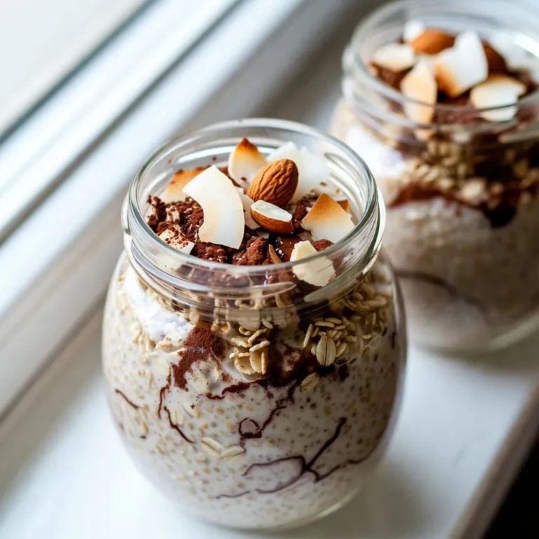 - 1 cup rolled oats - 1 cup almond milk (or any preferred milk) - 2 tablespoons chia seeds - 2 tablespoons unsweetened cocoa powder - 2 tablespoons maple syrup or honey - 1/2 teaspoon vanilla extract - 1/4 cup shredded coconut - 1/4 cup chopped almonds - A pinch of salt You can swap almond milk for regular milk or oat milk. For a nut-free option, use coconut milk. If you don’t have chia seeds, try flax seeds instead. You can replace maple syrup with honey or agave syrup for sweetness. Unsweetened cocoa powder can be changed for dark chocolate powder if you want a richer taste. Lastly, if you dislike almonds, pecans or walnuts work well too. Rolled oats are a great source of fiber. They help keep you full and support digestion. Almond milk is low in calories and rich in vitamins E and D, which help your skin and bones. Chia seeds provide omega-3 fatty acids, which are good for your heart. Cocoa powder is full of antioxidants, which protect your cells. Maple syrup gives a natural sweet flavor and has minerals like zinc and manganese. Shredded coconut adds healthy fats, while chopped almonds offer protein and more fiber. This mix of ingredients makes for a tasty and healthy breakfast. {{ingredient_image_1}} To start making your Almond Joy overnight oats, gather all your ingredients. In a mixing bowl, add 1 cup of rolled oats. Pour in 1 cup of almond milk. Then, add 2 tablespoons of chia seeds and 2 tablespoons of unsweetened cocoa powder. Next, include 2 tablespoons of maple syrup or honey. Don't forget 1/2 teaspoon of vanilla extract and a pinch of salt. Stir everything well until the oats soak up the liquid. This step is key for a creamy texture. After mixing the base, gently fold in 1/4 cup of shredded coconut and 1/4 cup of chopped almonds. This adds great flavor and crunch. Once everything is combined, divide the oat mixture into two jars or airtight containers. Seal them tightly to keep the oats fresh. Mixing well is essential for great overnight oats. Make sure all the dry ingredients blend with the liquid. This helps the oats absorb flavors. When you fold in coconut and almonds, do it gently. You want to keep the texture light and airy. Avoid stirring too hard, as this can break the chia seeds and alter the mix. Place your jars in the fridge right after preparing them. Let them sit overnight for the best results. If you're short on time, a minimum of 4 hours works too. During this time, the oats will absorb the almond milk and thicken nicely. When you're ready to eat, just stir the oats again. If they seem too thick, add a splash more almond milk to loosen them up. Enjoy! To get the best texture for your Almond Joy Overnight Oats, start with the right oats. Use rolled oats instead of quick oats. Rolled oats soak up the almond milk better. They will give you a nice, chewy bite. Make sure to mix your ingredients well. This helps the oats absorb the liquid evenly. If you find the oats too thick in the morning, add a splash of almond milk. Stir it in until you reach your favorite consistency. The chia seeds also help thicken the oats. If you prefer a creamier texture, let the mixture sit longer in the fridge. You can boost the flavor of your overnight oats easily. Try adding more cocoa powder for a richer chocolate taste. You can also mix in a pinch of cinnamon or nutmeg for warmth. If you love coconut, go for toasted coconut instead of shredded. It adds a nice crunch. For a sweeter touch, drizzle extra maple syrup or honey on top before serving. You can also fold in a few chocolate chips for a treat. This will make your oats even more like the classic candy bar. To make your Almond Joy Overnight Oats look stunning, serve them in clear glass jars. This lets you see the lovely layers of oats and toppings. Top the oats with a sprinkle of shredded coconut and whole almonds. This adds texture and makes it look delicious. For a fun twist, use different colored jars or bowls. You can also add a mint leaf on top for a fresh touch. Make your oats inviting and fun to eat. Remember, we eat with our eyes first! Pro Tips Use Fresh Ingredients: Always opt for fresh almonds and coconut to enhance the overall flavor and texture of your overnight oats. Customize Your Sweetness: Adjust the amount of maple syrup or honey based on your personal preference and dietary needs. Experiment with Toppings: Feel free to add other toppings like berries, banana slices, or a dollop of nut butter for a delicious twist. Make Ahead in Batches: Prepare a few jars at once for a quick grab-and-go breakfast option throughout the week. {{image_2}} You can change up the Almond Joy overnight oats easily. Try using peanut butter instead of cocoa powder. This gives a new twist to the dish. You can also add banana or berries for extra fruit flavor. Experiment with different nuts, like walnuts or pecans. Each nut adds a unique taste and crunch. If you want to make the oats healthier, reduce the maple syrup or honey. You can use mashed banana to sweeten without added sugar. For more fiber, add a tablespoon of flax seeds. If you need more protein, mix in Greek yogurt. These small changes can help fit your diet goals. To make this recipe vegan, just use maple syrup instead of honey. Almond milk is already a great vegan choice. For gluten-free oats, make sure to use certified gluten-free rolled oats. This way, you can enjoy your tasty treat without worry. These simple swaps keep your Almond Joy overnight oats delicious and healthy. To keep your Almond Joy Overnight Oats fresh, use airtight containers. Divide the oats into jars. Seal them tightly. Store them in the fridge. This helps keep the oats moist and tasty. If you make too much, you can enjoy them later. Almond Joy Overnight Oats stay good for about five days in the fridge. The oats absorb liquid over time, so they may get thicker. If they become too thick, just add a splash of almond milk. Stir well to mix everything again. You can freeze Almond Joy Overnight Oats if you want to save them longer. To freeze, place the oats in freezer-safe containers. Leave some space at the top for expansion. They can last for up to three months in the freezer. When you're ready to eat, thaw them in the fridge overnight. Stir before serving. Enjoy your tasty breakfast! Yes, you can make Almond Joy Overnight Oats ahead of time. You can prepare them up to three days in advance. Just store them in the fridge in airtight jars. This saves time in the morning. The oats soak up the almond milk and flavors overnight. You will have a quick breakfast ready to enjoy. You can easily adjust the sweetness in this recipe. Use less or more maple syrup or honey. If you want a lower sugar option, try using mashed bananas. These will add natural sweetness. Another option is to add stevia or monk fruit sweetener. Just remember to taste as you go for the right balance. If you don’t have chia seeds, try using flaxseeds. Ground flaxseeds work best for texture. You can also use more oats instead. This will change the texture slightly, but it is still delicious. Another option is to use yogurt for creaminess. Each swap can bring a new twist to your Almond Joy Overnight Oats. In this post, I covered how to make Almond Joy Overnight Oats. We listed all ingredients, offered substitutions, and shared health benefits. I provided step-by-step instructions and tips for perfecting texture and flavor. We also explored variations, including vegan and gluten-free options. Lastly, I shared storage tips to keep your oats fresh. These oats are a quick, nutritious breakfast. Feel free to get creative with flavors. Now, enjoy your delicious Almond Joy Overnight Oats!