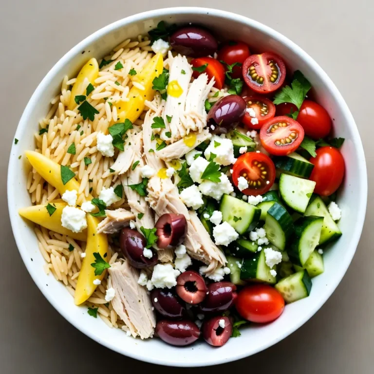 - 1 cup orzo pasta - 2 cups cooked chicken, shredded or cubed - 1 cup cherry tomatoes, halved - 1 cucumber, diced - 1 red bell pepper, diced - 1/2 red onion, thinly sliced - 1/2 cup Kalamata olives, pitted and halved - 1 cup feta cheese, crumbled - 1/4 cup fresh parsley, chopped - 1/4 cup olive oil - 2 tablespoons lemon juice - 1 teaspoon dried oregano - Salt and pepper to taste I love using orzo pasta in this salad. It's small and cooks fast. You can find orzo in most grocery stores. It holds flavors well and adds a nice texture. Next, I use cooked chicken. It can be shredded or cubed. You can use leftover chicken or rotisserie chicken for ease. This adds protein and makes the salad filling. Fresh vegetables bring the salad to life. I like cherry tomatoes for sweetness. Cucumbers add crunch. Red bell pepper gives color and flavor. Sliced red onion adds a bit of zing. Kalamata olives are a must. Their briny taste pairs well with the other ingredients. Feta cheese adds creaminess and a salty touch. I always crumble it for better distribution. For the dressing, I use olive oil and lemon juice. They balance each other well. Dried oregano adds an earthy flavor. Don’t forget salt and pepper to taste! These ingredients come together to create a fresh and vibrant salad. You can enjoy it as a meal or a side dish. {{ingredient_image_1}} To cook the orzo, start with a pot of salted boiling water. Add the orzo pasta and cook based on the package instructions. You want it to be al dente, which means it should be firm but not hard. Once cooked, drain the orzo and rinse it under cold water. This stops the cooking process and cools the pasta quickly. Set it aside while you prepare the rest of the salad. In a small mixing bowl, whisk together the olive oil, lemon juice, dried oregano, salt, and pepper. Mix until well blended. The key is to balance the bright lemon flavor with the rich olive oil. This dressing will bring out the best flavors in your salad. In a large mixing bowl, combine the cooked orzo, shredded chicken, cherry tomatoes, diced cucumber, diced red bell pepper, thinly sliced red onion, Kalamata olives, crumbled feta cheese, and chopped parsley. Mixing these ingredients together helps build layers of flavor, making every bite exciting. Pour the vinaigrette over the orzo mixture. Use a gentle tossing technique to coat all the ingredients evenly. This ensures that every piece gets dressed and enhances the overall taste. After mixing, taste the salad. If needed, add extra salt, pepper, or lemon juice. Adjust to your preference. This step is crucial for a well-seasoned dish that delights your taste buds. Cover the salad and place it in the fridge for at least 30 minutes. Chilling allows the flavors to meld together, making each bite more flavorful. Enjoy this refreshing dish at a gathering or as a light meal! To make perfect orzo, cook it in salted boiling water. This step adds flavor right from the start. Follow the package instructions for timing. Aim for an al dente texture. This means it should be firm but not hard. After cooking, drain the orzo and rinse it under cold water. This cools it down and stops the cooking process. When cooking chicken, use boneless, skinless breasts for ease. Season them with salt and pepper before cooking. You can grill, bake, or pan-sear the chicken. Cook until it reaches 165°F. Let it rest for a few minutes. This keeps the juices inside, making it tender. Then shred or cube the chicken for the salad. For serving, use a big salad bowl or individual plates. This makes it look inviting. Garnish with extra feta cheese on top. A sprinkle of fresh parsley adds a nice touch. You can also slice a lemon and place it alongside. This gives a fresh look and a hint of zest. When plating, layer the ingredients for a colorful display. Start with a base of orzo, then add vegetables and chicken. Finish with feta and olives on top. This creates a beautiful, eye-catching dish. To boost the flavor, add fresh herbs like basil or dill. These herbs pair well with the chicken and vegetables. You can also try adding a pinch of red pepper flakes for a kick. This gives the dish a little heat without overwhelming the other flavors. For toppings, consider adding roasted nuts like almonds or walnuts. They add crunch and richness. You could also sprinkle some sunflower seeds for extra texture. These simple additions can elevate your Greek Chicken Orzo Salad to a new level. Pro Tips Cook Orzo Al Dente: To achieve the perfect texture, ensure that the orzo is cooked al dente, as it will continue to absorb flavors and soften while it cools and sits in the salad. Use Fresh Ingredients: For the best flavor, use fresh vegetables and herbs. This will enhance the overall taste of your salad and make it more vibrant. Customize Your Protein: Feel free to substitute the chicken with grilled shrimp or chickpeas for a different protein option, making the dish suitable for various dietary preferences. Marinate for Flavor: Allow the salad to chill for at least 30 minutes to let the flavors meld together. For even more intensity, consider marinating the chicken in the dressing before adding it to the salad. {{image_2}} You can switch up the protein in this salad. If you want to try shrimp, cook it until it's pink and firm. Toss it in just like the chicken. For a plant-based option, use tofu. Press the tofu to remove moisture, then cube and sauté it until golden. This adds a nice texture. Both options bring their own flavor to the dish. Feel free to mix in other veggies. Spinach or arugula adds a fresh taste. Roasted zucchini or eggplant can add depth. You can also use bell peppers of different colors for a vibrant look. Carrots give a sweet crunch if you shred them. Choose what you like best to make the salad yours. The dressing can change the whole vibe of this salad. For a creamier option, try adding Greek yogurt. A splash of balsamic vinegar gives it a sweet tang. If you love spice, add a pinch of red pepper flakes. Experimenting with different dressings can lead to new favorite flavors. Don't be afraid to get creative! To store leftovers properly, place the Greek chicken orzo salad in an airtight container. Make sure it cools down to room temperature first. This helps keep the salad fresh. You can store it in the fridge for up to three days. Can this salad be frozen? I recommend not freezing it. The texture of the orzo and veggies changes when thawed. Freezing can make them mushy or watery. If you want to save it longer, store only the cooked chicken and orzo. To reheat without compromising texture, use the stovetop. Add a splash of water or broth to a pan and heat gently. Stir often to warm it up evenly. Avoid using the microwave if you want to keep the salad fresh and crisp. Enjoy every bite! Orzo is a rice-shaped pasta. It cooks quickly and has a soft texture. You can use orzo in salads, soups, or casseroles. It absorbs flavors well, making it perfect for dishes like Greek chicken orzo salad. You can find it in most supermarkets, often near other pasta. Yes, you can prepare this salad in advance. It tastes even better after chilling for a few hours. Just mix the salad, cover it, and put it in the fridge. You can also cook the orzo and chicken ahead of time. This saves you time when you are ready to serve. No, this recipe is not gluten-free, as orzo contains wheat. However, you can use gluten-free pasta instead. Look for rice or quinoa-based orzo. These options will give you a similar texture and taste without the gluten. This salad lasts about three days in the fridge. Store it in an airtight container. The flavors will blend together, making it even tastier. If you notice any wilting veggies, eat those first. In this blog post, I shared a simple recipe for a delicious orzo salad. We explored the key ingredients, including orzo pasta, cooked chicken, and fresh veggies. You learned how to boil orzo, create a tasty dressing, and combine everything for maximum flavor. This salad is easy to customize with different proteins and dressings. Store leftovers well to enjoy later. Try making this dish your own! It's healthy, and fun to make, perfect for any meal. Enjoy your cooking!