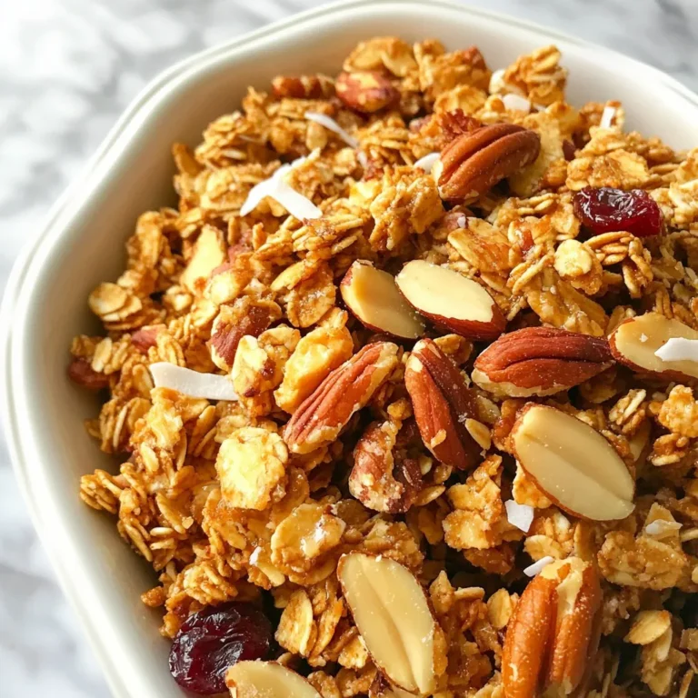 To make delicious Maple Pecan Granola Clusters, you need a few simple ingredients: - 2 cups rolled oats - 1 cup chopped pecans - 1/2 cup almond slices - 1/2 cup unsweetened shredded coconut - 1/2 cup maple syrup - 1/4 cup melted coconut oil - 1/2 teaspoon vanilla extract - 1/4 teaspoon salt - 1/2 teaspoon cinnamon - 1/2 cup dried cranberries or raisins (optional) Each ingredient plays a key role. The rolled oats give the granola its base and texture. Chopped pecans add a nice crunch and flavor. Almond slices give it a bit of sweetness. Shredded coconut brings a tropical twist. Maple syrup acts as a natural sweetener and helps bind the granola. Melted coconut oil keeps everything together and adds richness. Vanilla extract enhances the flavor. Salt balances the sweetness. Cinnamon adds warmth and depth. If you want, you can mix in dried cranberries or raisins for extra sweetness and chewiness. These ingredients are easy to find. You can often use what you have at home. Feel free to adjust based on your taste. Make sure all items are fresh for the best flavor! {{ingredient_image_1}} 1. Preheat and line: Start by preheating your oven to 350°F (175°C). Line a large baking sheet with parchment paper. This prevents sticking and makes clean-up easy. 2. Mix dry ingredients: In a big bowl, mix together 2 cups of rolled oats, 1 cup of chopped pecans, 1/2 cup of almond slices, and 1/2 cup of shredded coconut. Make sure everything is well combined. 3. Whisk wet ingredients: In another bowl, whisk together 1/2 cup of maple syrup, 1/4 cup of melted coconut oil, 1/2 teaspoon of vanilla extract, 1/4 teaspoon of salt, and 1/2 teaspoon of cinnamon. This mixture will add a nice flavor to your granola. 4. Combine mixtures: Pour the wet mixture over the dry ingredients. Stir well until everything is coated and looking delicious. 1. Spread and press: Transfer the mixture onto your lined baking sheet. Spread it out evenly. Use the back of a spatula to press it down. This helps form those tasty clusters. 2. Bake and stir: Bake for 20-25 minutes, or until the granola turns golden brown. Halfway through, stir the granola gently. This keeps it cooking evenly but try to keep those clusters together. 1. Cooling process: Once baked, take the granola out of the oven. Let it cool on the baking sheet. It will harden as it cools, making those lovely clusters. 2. Optional ingredient incorporation: If you want, you can fold in 1/2 cup of dried cranberries or raisins. Do this after the granola has cooled for the best flavor. Now you have a tasty batch of Maple Pecan Granola Clusters ready to enjoy! To avoid burnt granola, watch the oven closely. Baking time can change based on your oven. Check for golden brown color around the 20-minute mark. If it looks too dark, take it out early. Stirring halfway helps even cooking. Just be gentle to keep clusters intact. To achieve the best clusters, make sure to press the mixture down firmly on the baking sheet. This helps it stick together. Letting it cool completely also makes a big difference. The granola will harden, forming those perfect crunchy clusters. If you want to switch up the nuts, try walnuts or pecans. You can also use sunflower seeds or pumpkin seeds for a nut-free version. For sweeteners, honey works well if you prefer it. You can also use agave syrup or brown sugar. For oils, coconut oil gives a nice flavor, but you can use vegetable oil or canola oil. Each will change the taste a little, so choose based on your preference. Enjoy your granola clusters as a snack or breakfast. They’re great on their own. You can also add them to yogurt for a tasty treat. Pour milk over them for a crunchy cereal. For fun, mix in fresh fruit like berries or banana slices. These ideas make your granola more exciting and delicious! Pro Tips Use Fresh Ingredients: Always opt for fresh nuts and oats for the best flavor and texture in your granola clusters. Storage Matters: Store your granola in an airtight container to maintain its crunch and freshness longer. Customize Your Clusters: Feel free to add other nuts, seeds, or spices to the mix to create your own unique flavor profile. Don’t Skip the Cooling: Letting the granola cool completely on the baking sheet will help it form those delicious clusters you want. {{image_2}} You can change the taste of your granola in fun ways. Using different nuts can add new flavors and textures. Try walnuts, almonds, or hazelnuts. Each nut brings its own twist to the mix. Adding spices can also change the flavor. Cinnamon is great, but you can try nutmeg or cardamom for something new. A pinch of ginger adds a warm kick too. If you need gluten-free options, use certified gluten-free oats. They work just as well in this recipe. You can also swap out the coconut oil for another oil, like canola or avocado oil. For vegan modifications, ensure your maple syrup is vegan-friendly. This recipe is already mostly vegan, so it's an easy switch. You can make holiday flavors by adding seasonal spices. Think pumpkin spice for fall, or peppermint for winter. Seasonal variations can include dried fruits like apricots or apples in the summer. You can always adjust your granola to match the time of year. The fun is in making it your own! - Use an airtight container. This keeps out air and moisture. - Glass jars or plastic bins work great. They help maintain freshness. - Store your granola in a cool, dark place. Avoid heat and light. - Granola can last up to two weeks. It stays fresh if stored well. - Look for signs of spoilage. If it smells off or tastes stale, it’s time to toss it. - If you see mold, you must throw it away. - To refresh stale granola, spread it on a baking sheet. - Bake it at 350°F for about 5-10 minutes. This helps regain crunch. - Keep an eye on it to avoid burning. Enjoy your fresh granola! How can I make the granola less sweet? To reduce sweetness, use less maple syrup. You can also add more oats or nuts. This will help balance the flavor. Try using unsweetened coconut or skipping dried fruits. Can I use honey instead of maple syrup? Yes, you can swap honey for maple syrup. It adds a different taste but works well. Just keep the same amount, so use 1/2 cup of honey. What’s the best way to store granola clusters? Store your granola in an airtight container. This keeps it fresh and crunchy. Keep it in a cool, dry place. A pantry or cupboard works great. Can I add protein powder to the recipe? Absolutely! Adding protein powder boosts the nutrition. Mix in one to two scoops in the dry ingredients. This gives you a tasty and filling snack. This blog post showed you how to make tasty maple pecan granola clusters. We covered ingredients, step-by-step instructions, and tips for perfecting your granola. You learned how to store it and discovered fun variations. Granola is quick to make and great for snacks. Experiment with flavors and find your favorite mix. Now it’s time to grab your ingredients and start baking. Enjoy your homemade granola!